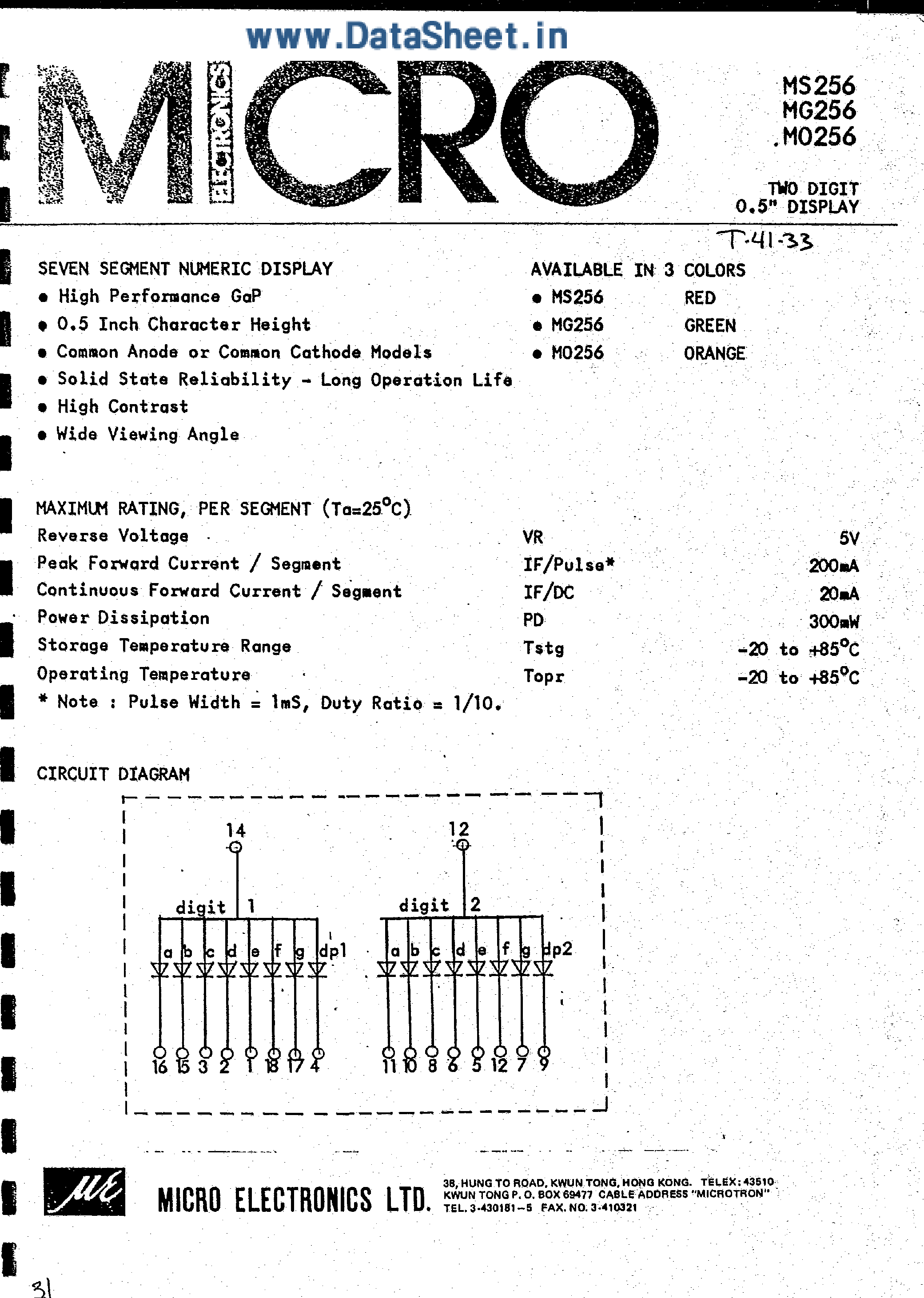 Даташит на микросхему MS256 страница 1 Даташит MS256 - 7 Segment Numeric Display страница 1