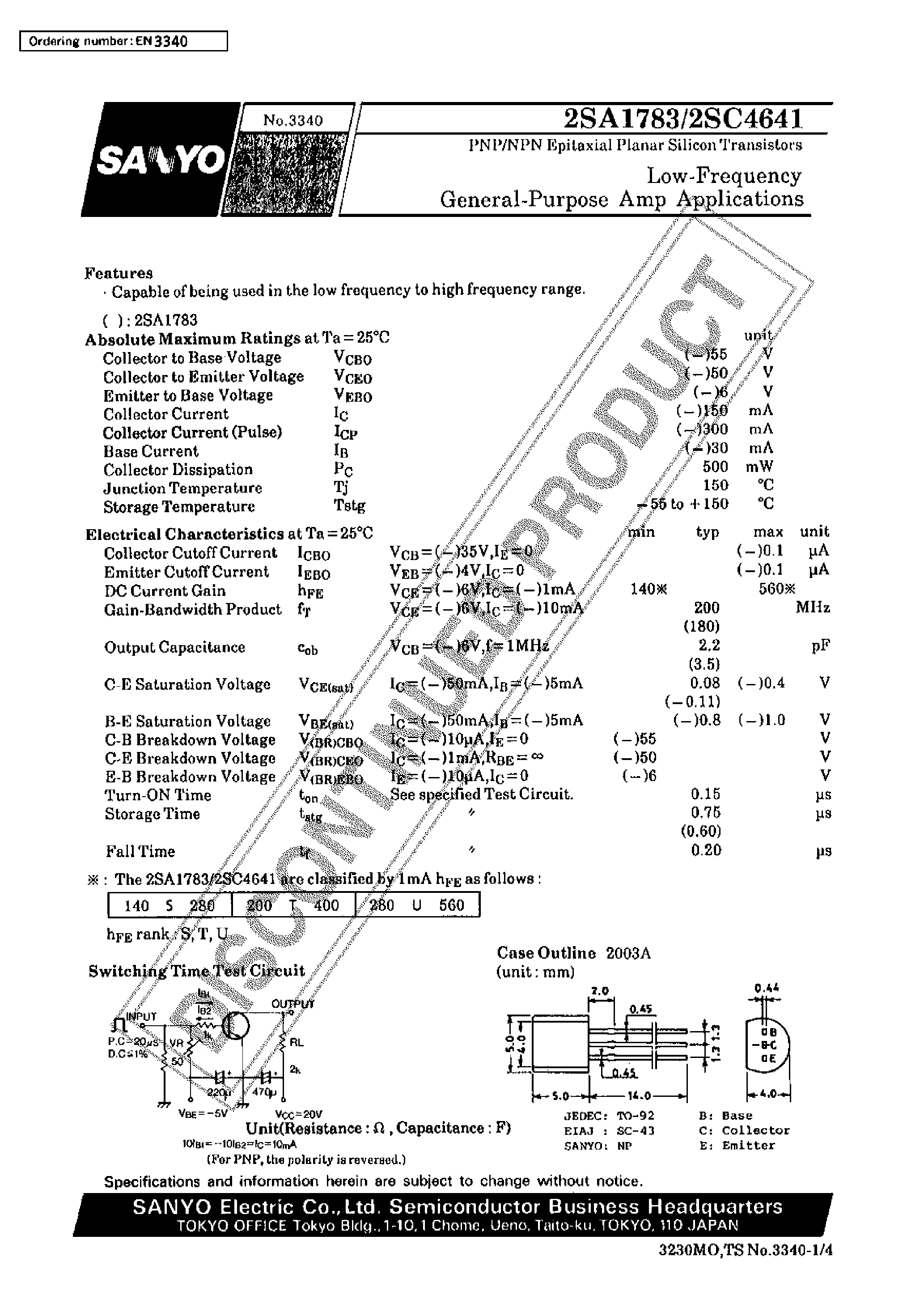 Datasheet 2SA1783 - PNP / NPN EPITAXIAL PLANAR SILICON TRANSISTORS page 1