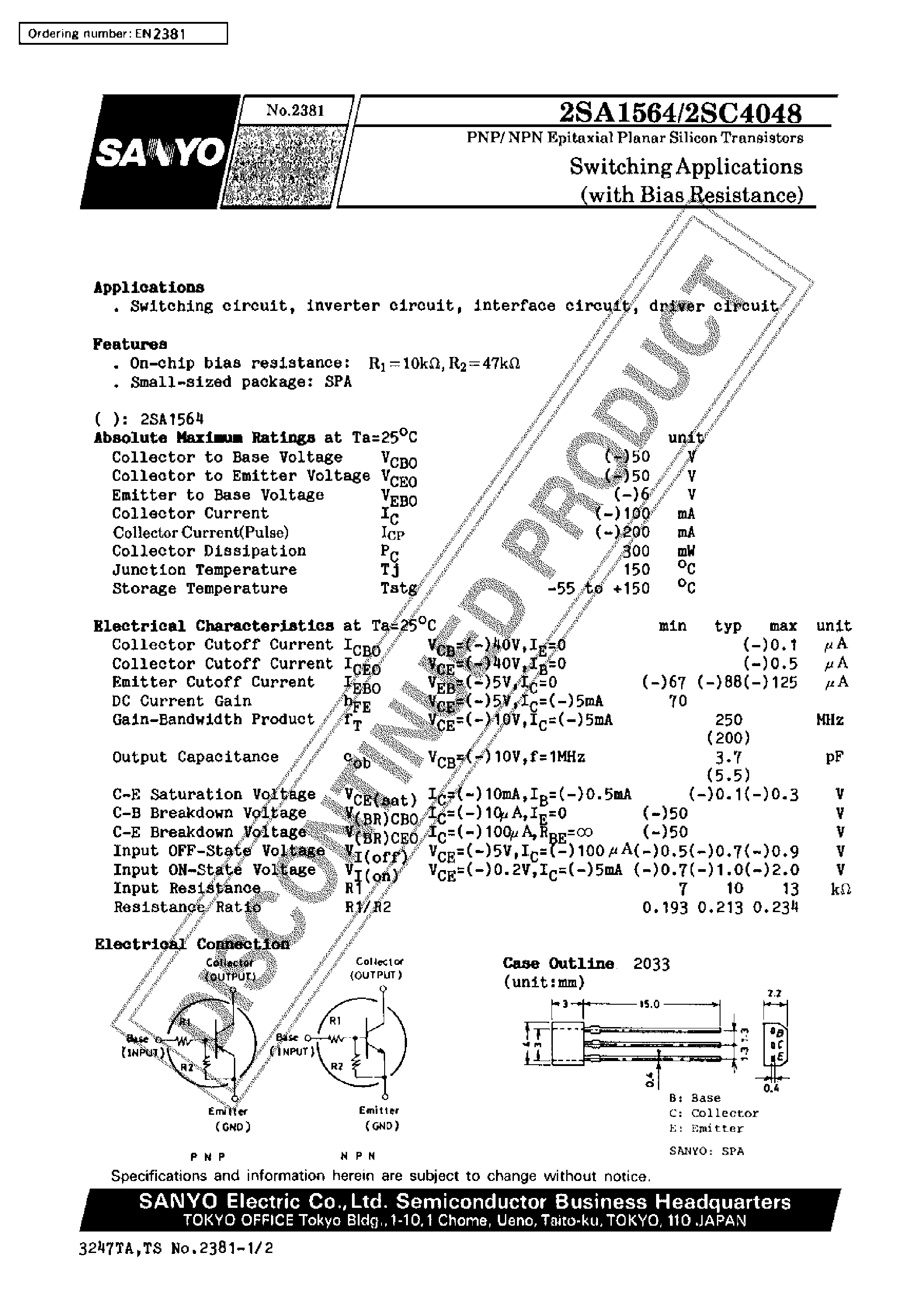 Datasheet 2SA1564 - Switching Applications page 1