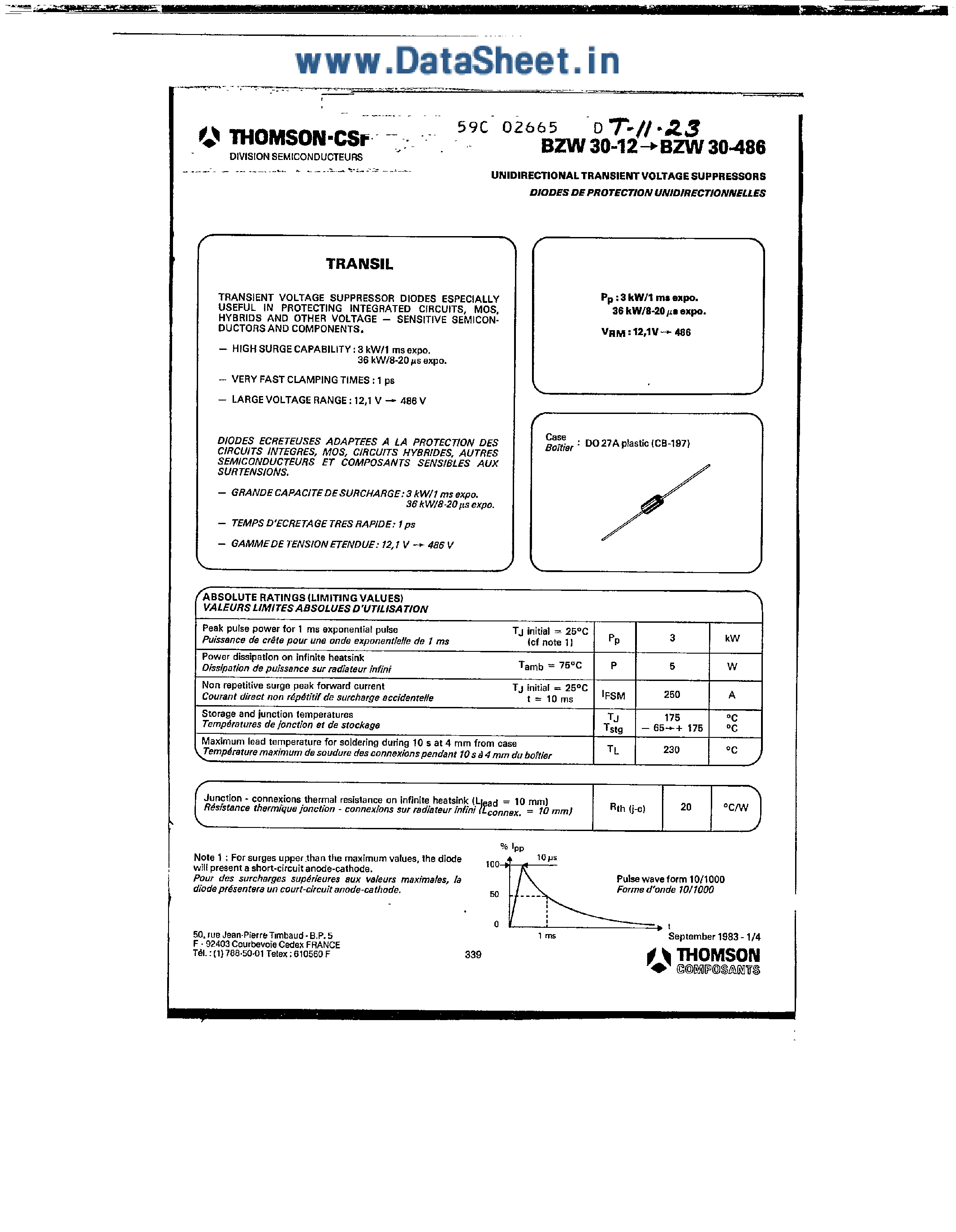 Datasheet BZW30-xx - TRANSIENT SUPPRESSOR DIODE page 1