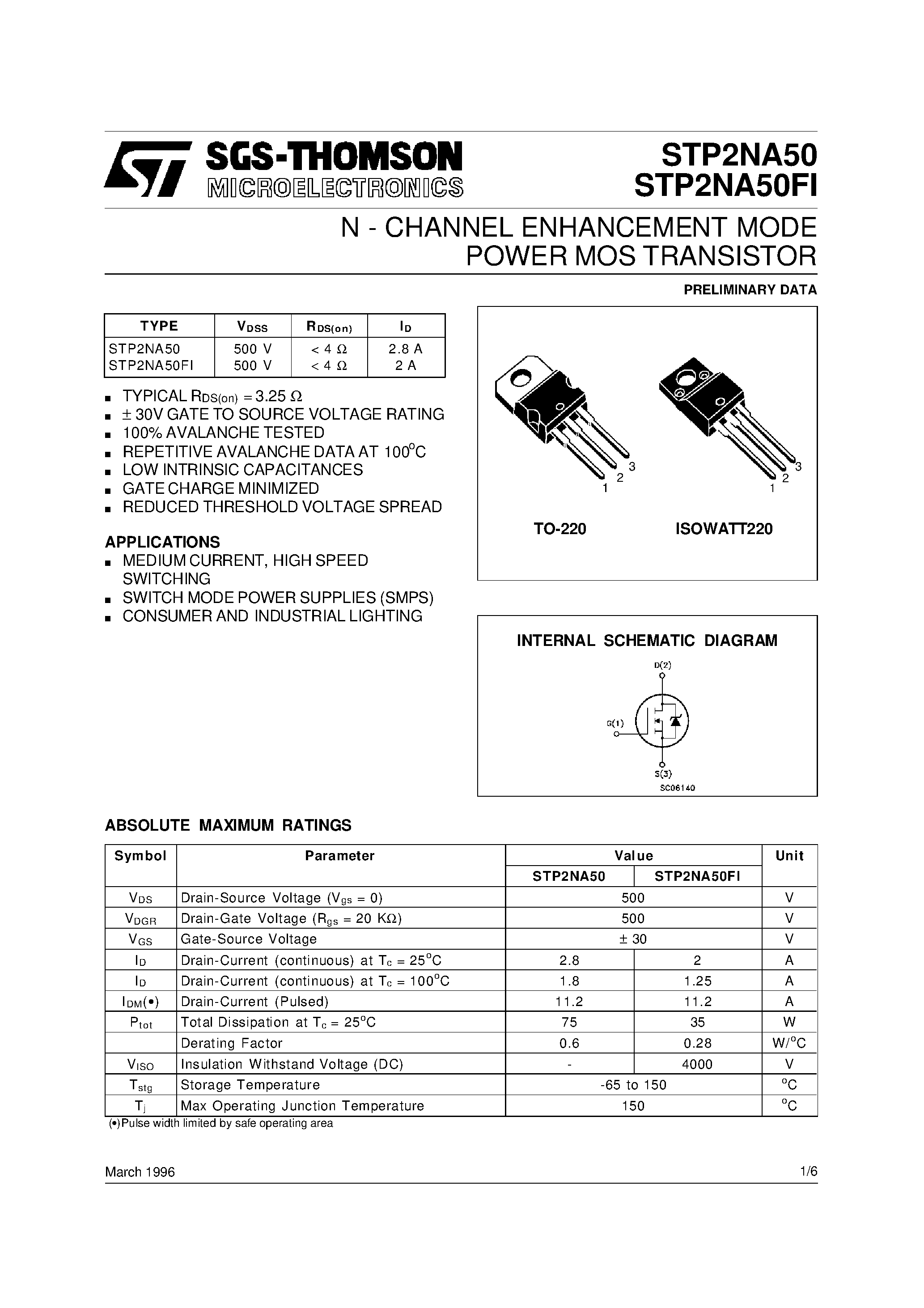 Datasheet STP2NA50 page 1 Datasheet STP2NA50 - N - CHANNEL ENHANCEMENT MODE POWER MOS TRANSISTOR page 1