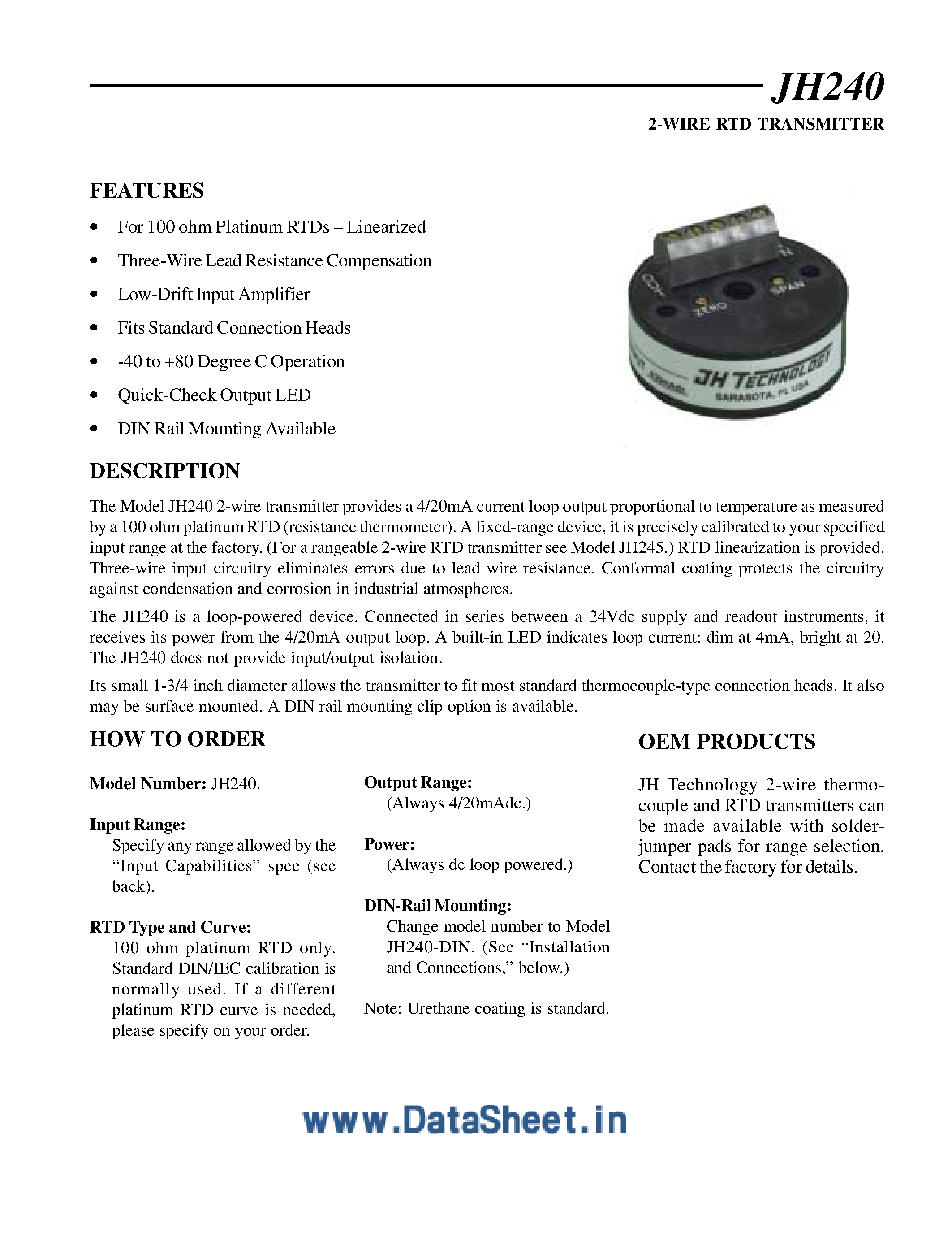 Datasheet JH240 - 2-Wire RTD Transmitter page 1