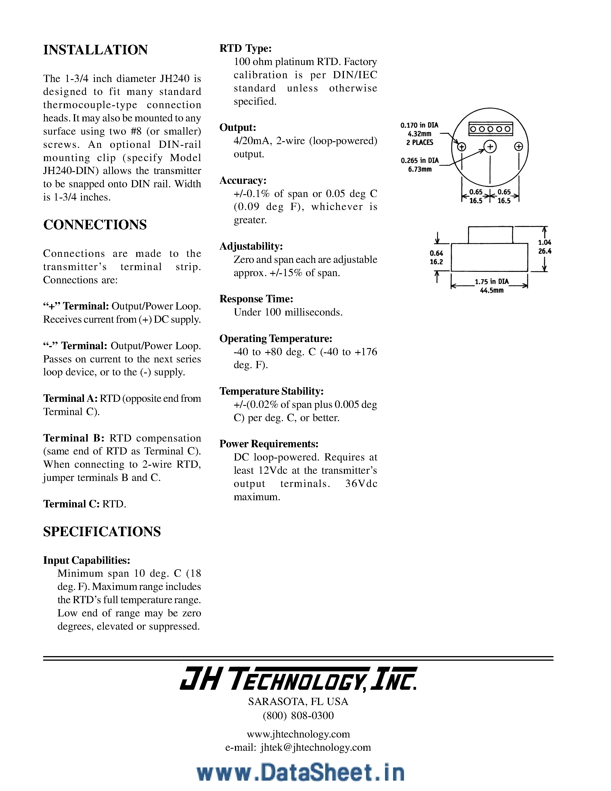 Datasheet JH240 - 2-Wire RTD Transmitter page 2