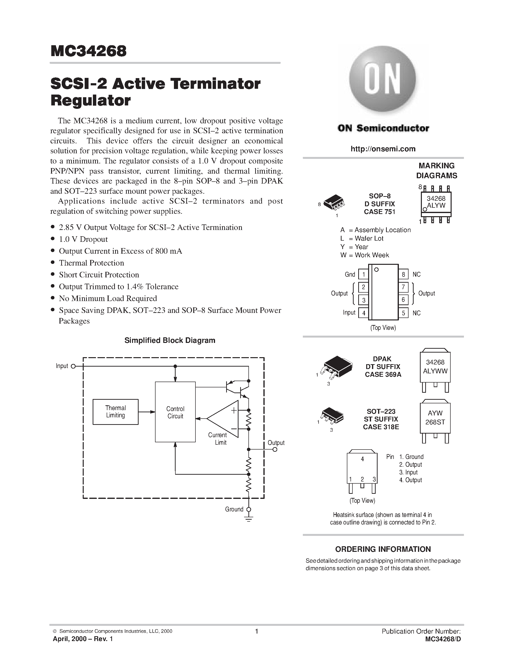 Datasheet MC34268 page 1 Datasheet MC34268 - SCSI-2 Active Terminator Regulator page 1