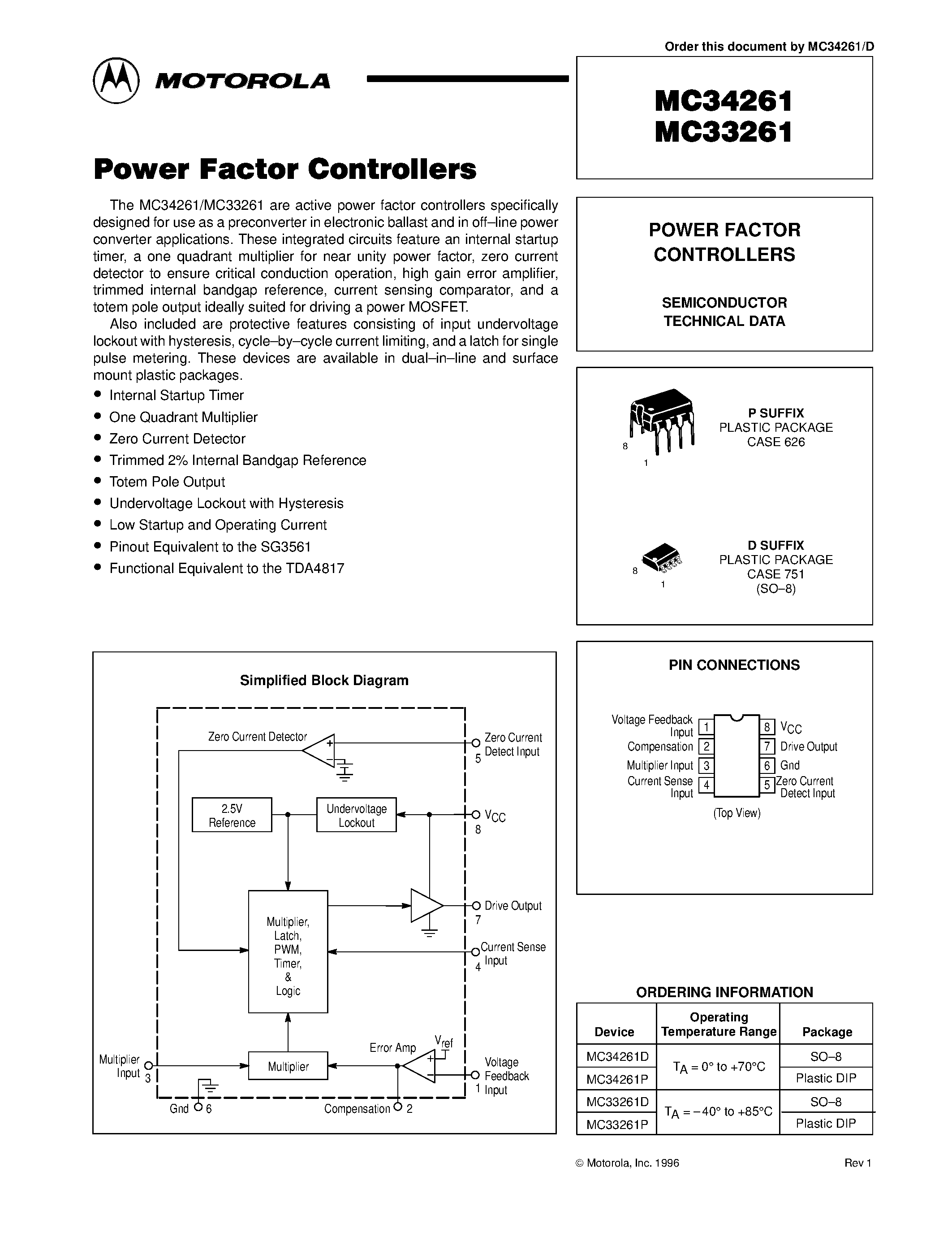 Datasheet MC33261 - (MC33261 / MC34261) POWER FACTOR CONTROLLERS page 1