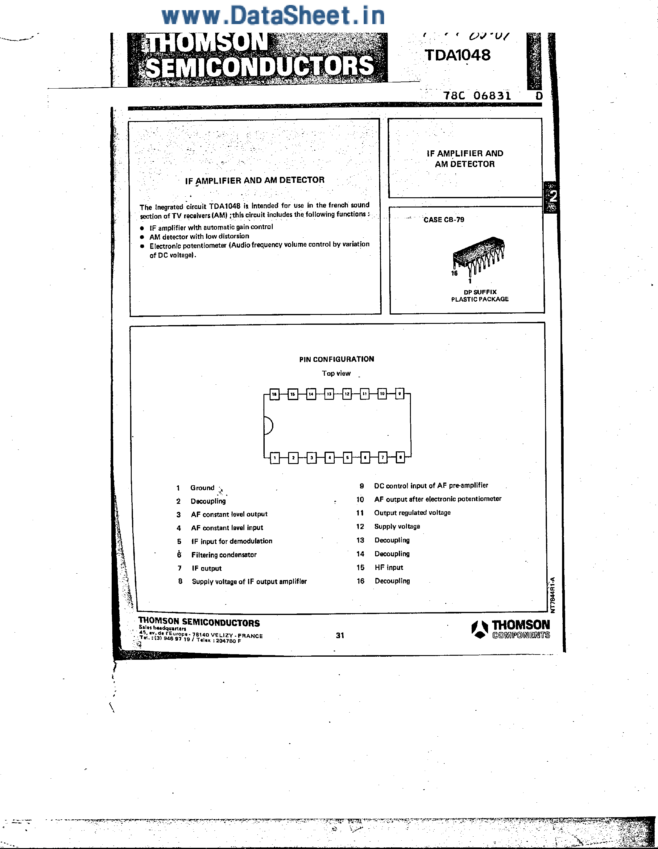Datasheet TDA1048 page 1 Datasheet TDA1048 - IF Amplifier and AM Detector page 1