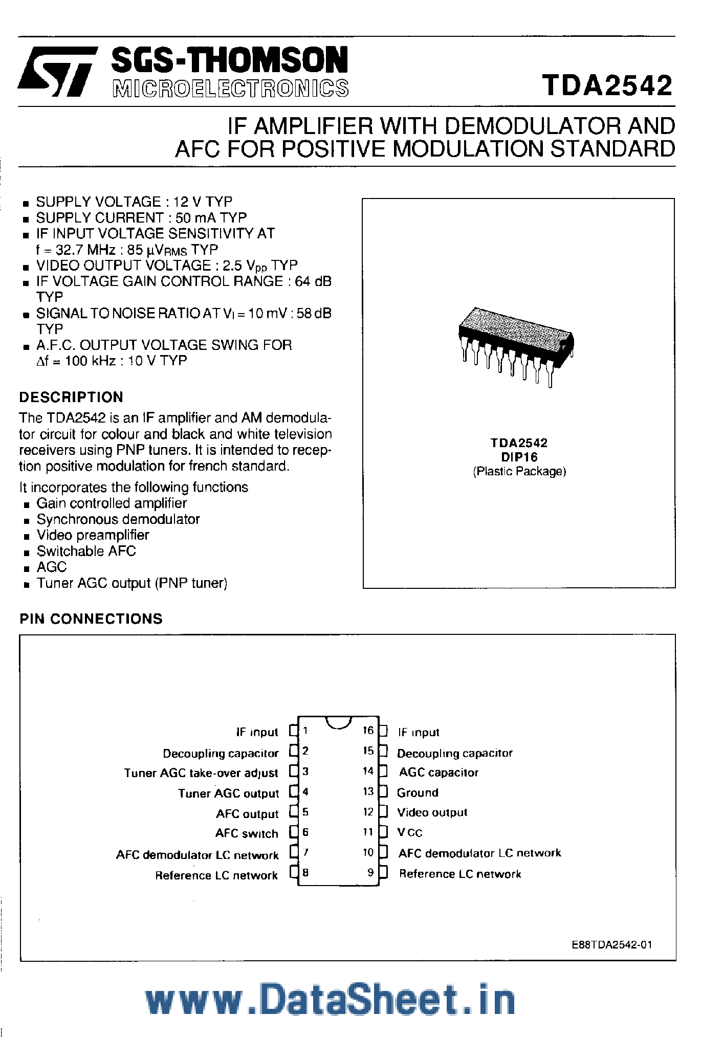 Datasheet TDA2542 - IF Amplifier with Demodulator and AFC for Positive Modulation Standard page 1