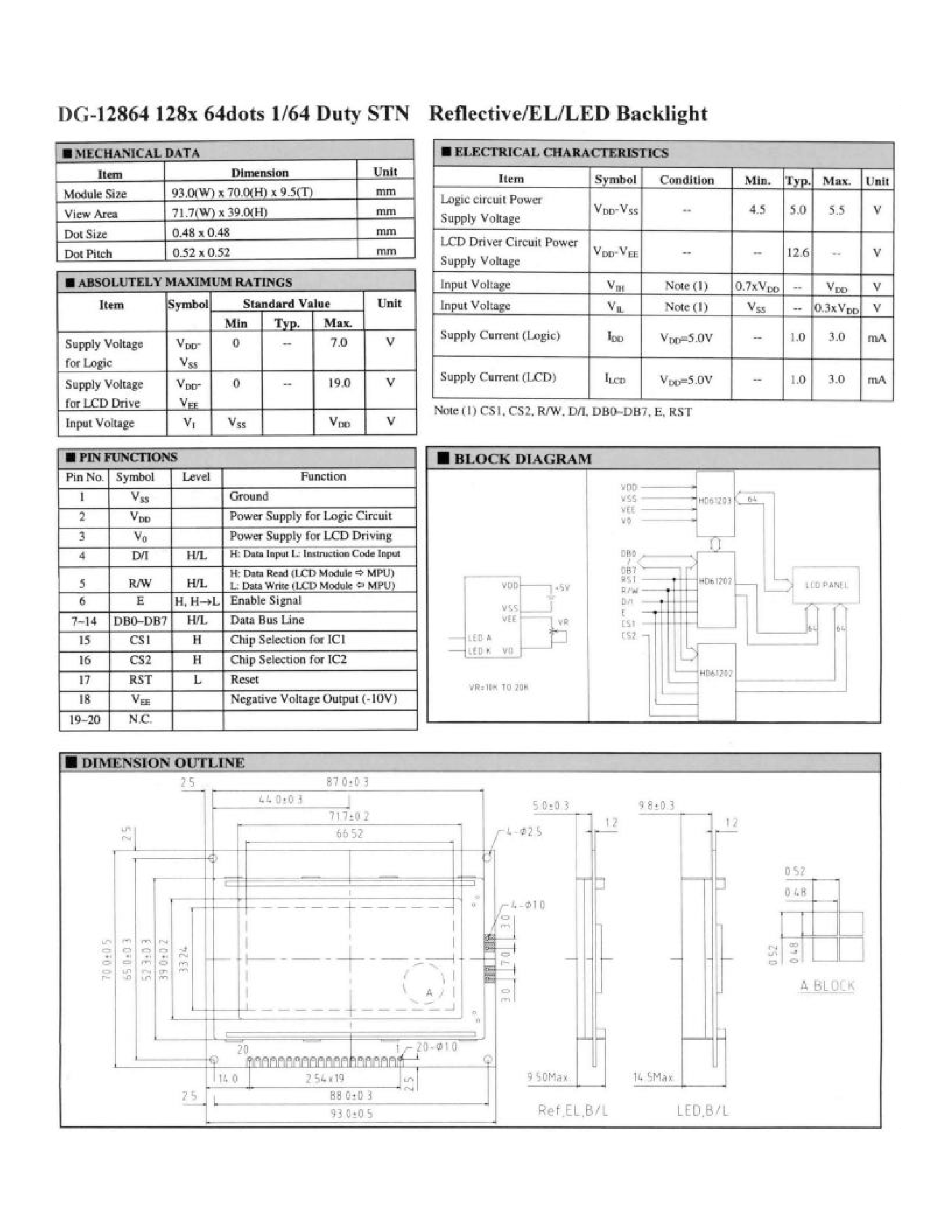 Даташит на микросхему DG-12864 страница 1 Даташит DG-12864 - 128 x 64 Dot 1/64 Duty STN страница 1