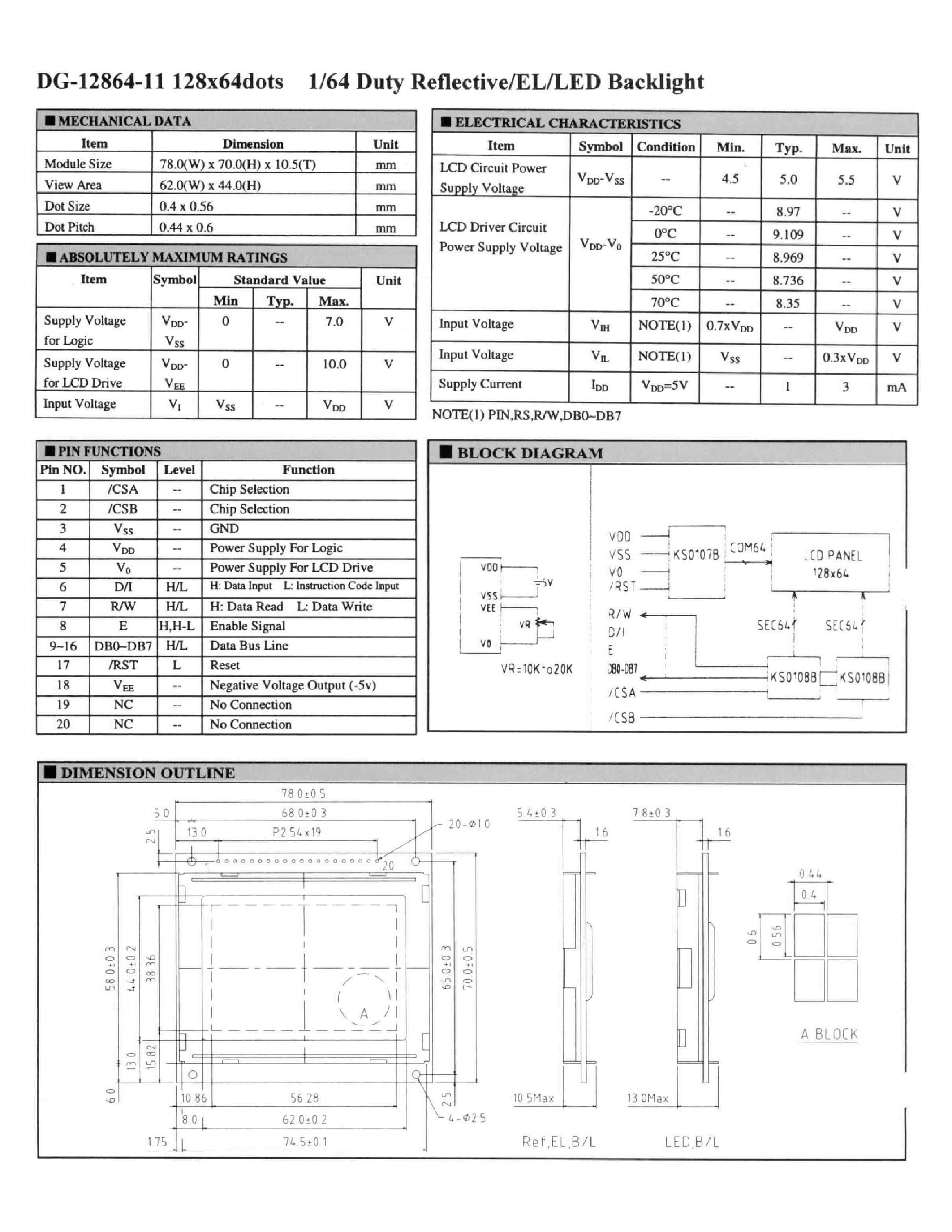 Даташит DG-12864-11 - 128 x 64 Dot 1/64 Duty STN страница 1