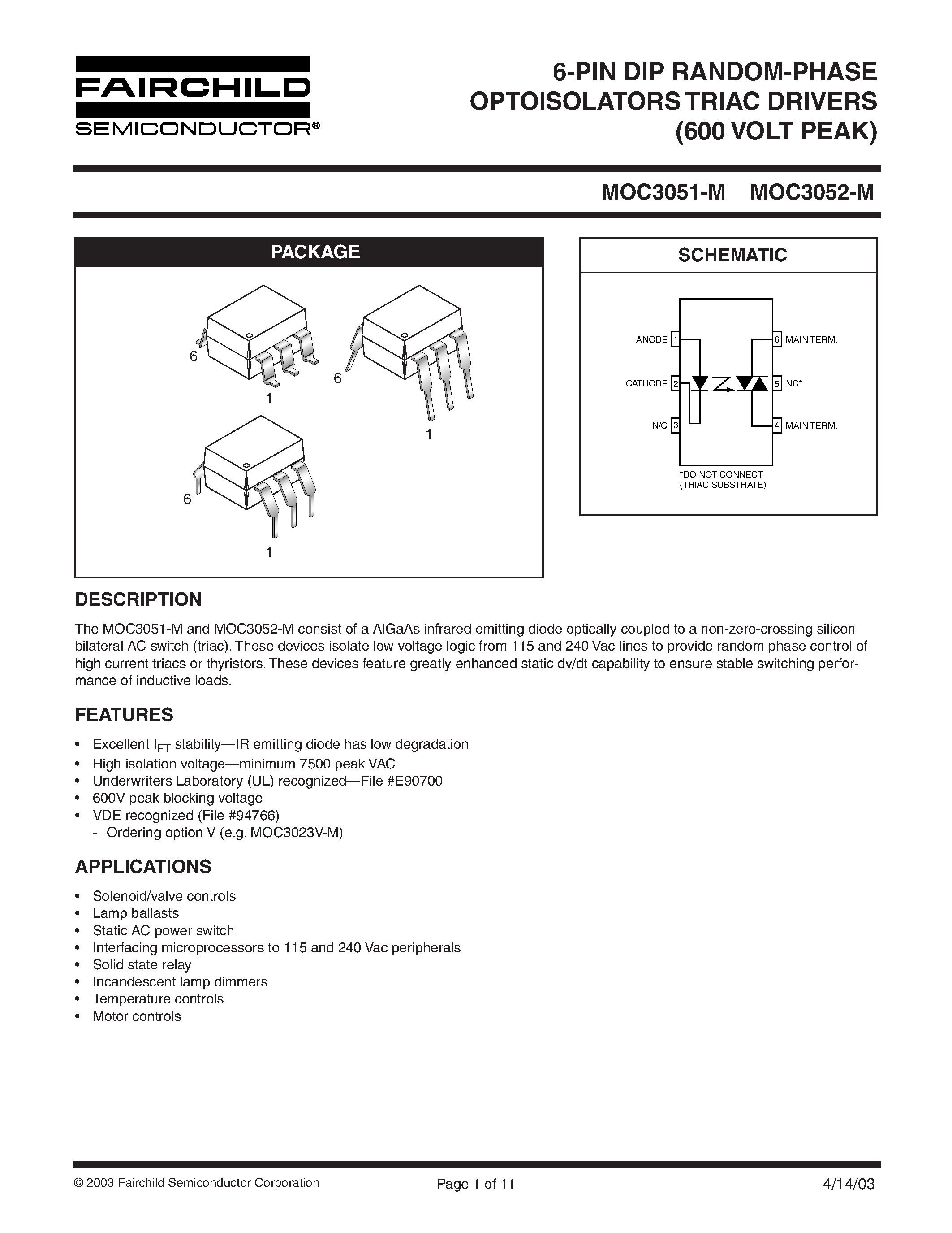 Datasheet MOC3051-M - (MOC3051-M / MOC3052-M) 6-PIN DIP RANDOM-PHASE OPTOISOLATORS TRIAC DRIVERS (600 VOLT PEAK) page 1