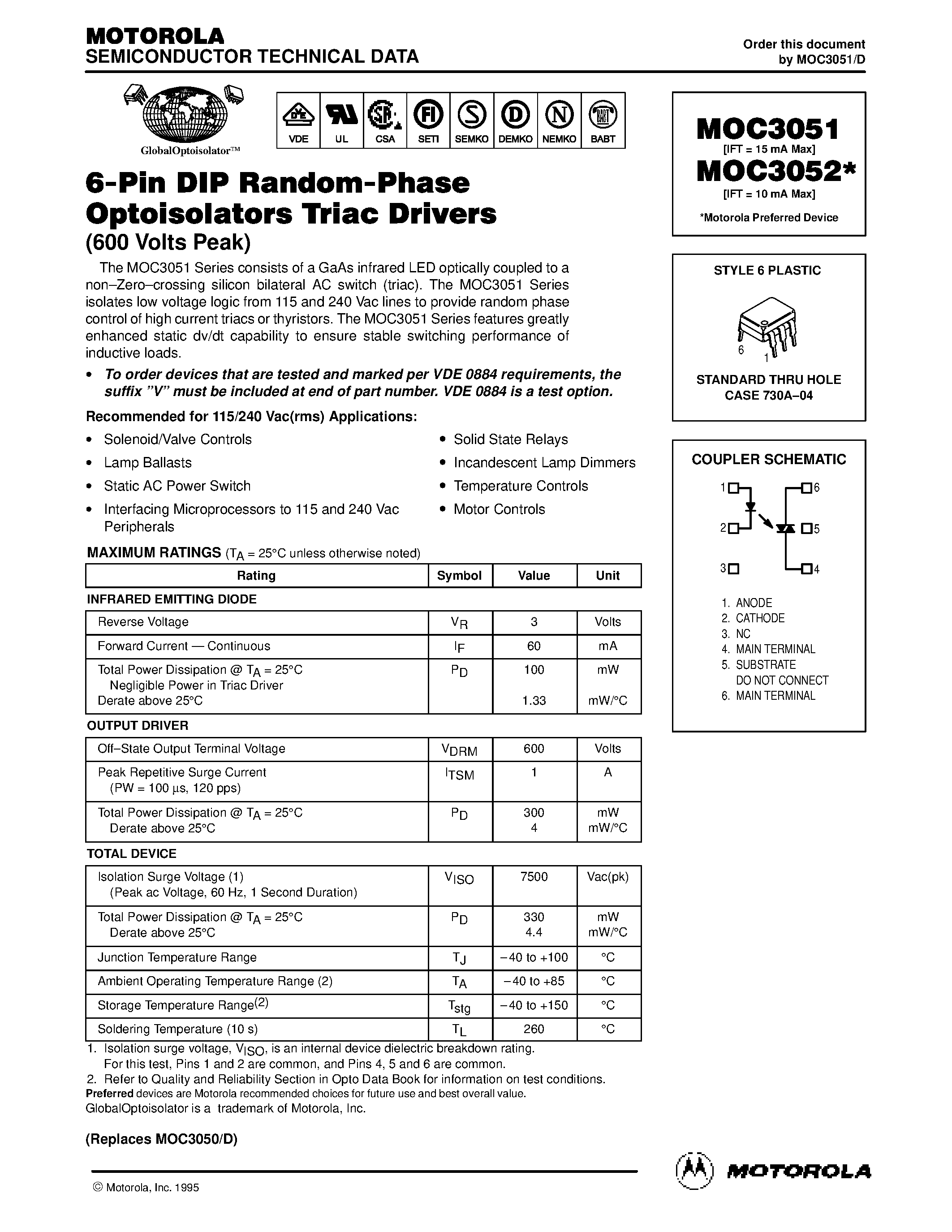 Datasheet MOC3051 - (MOC3051 / MOC3052) 6-Pin DIP Random-Phase Optoisolators Triac Drivers page 1