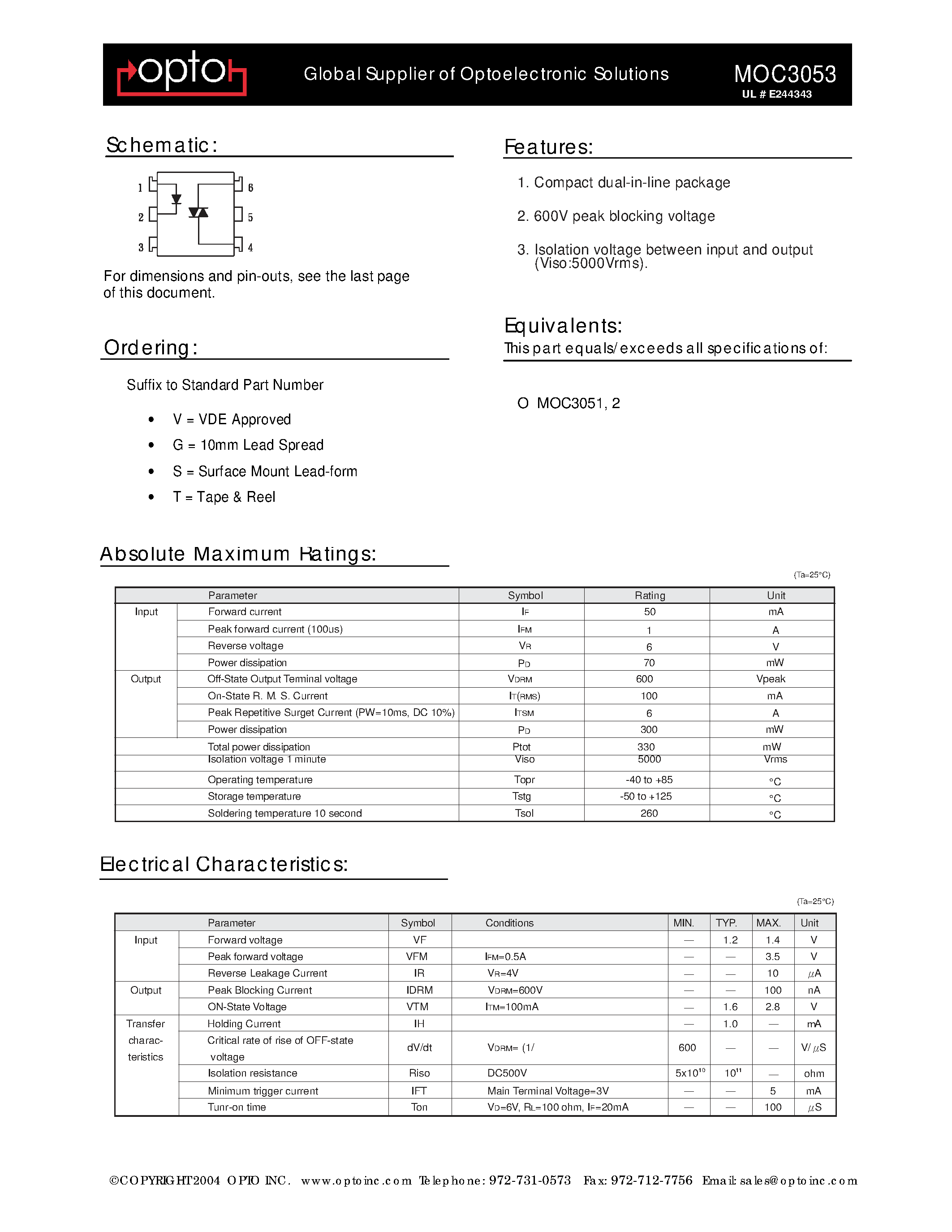Даташит на микросхему MOC3053 страница 1 Даташит MOC3053 - Global Supplier of Optoelec tronic Solutions страница 1