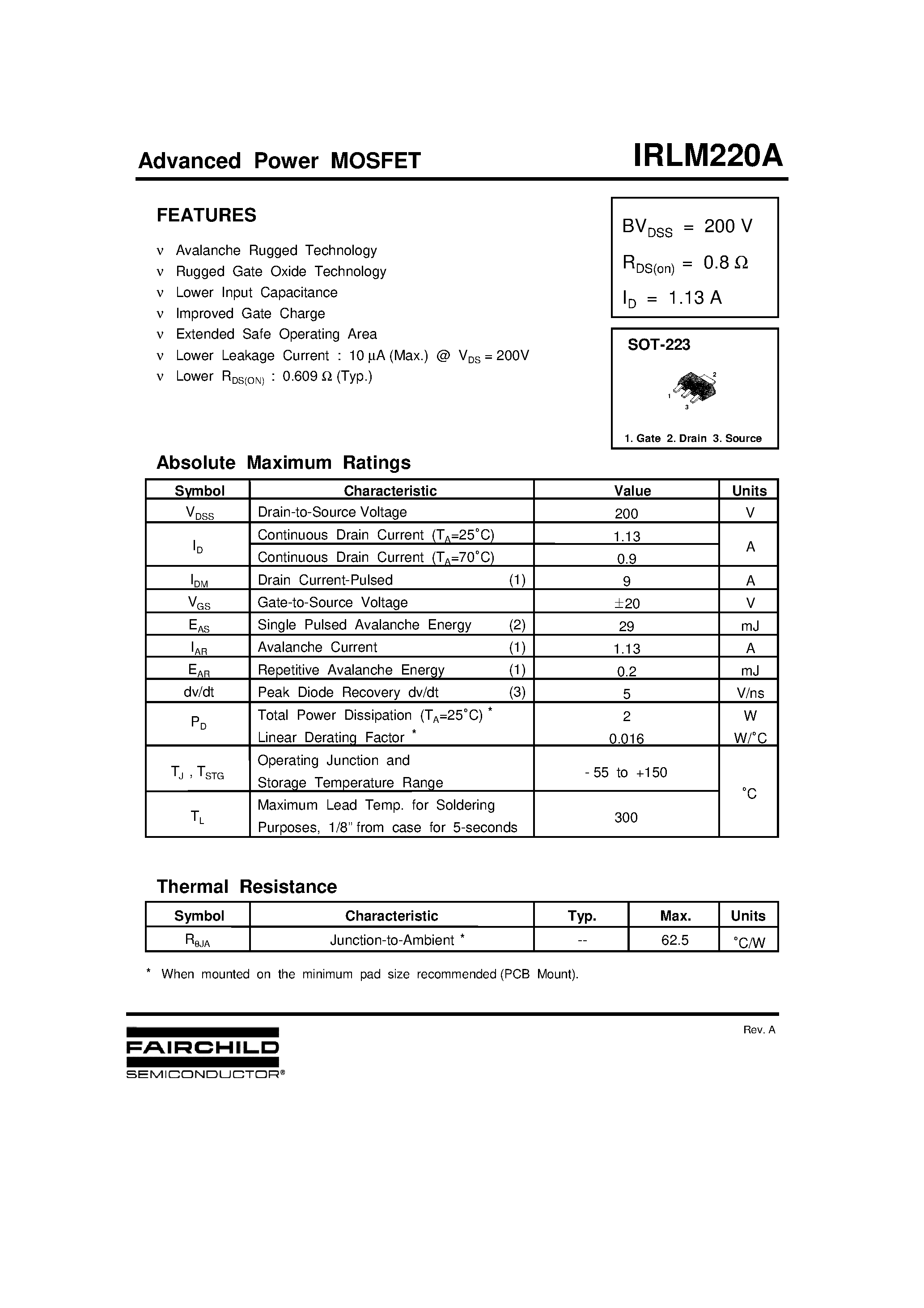 Даташит IRLM220A - HEXFET Power MOSFET страница 1