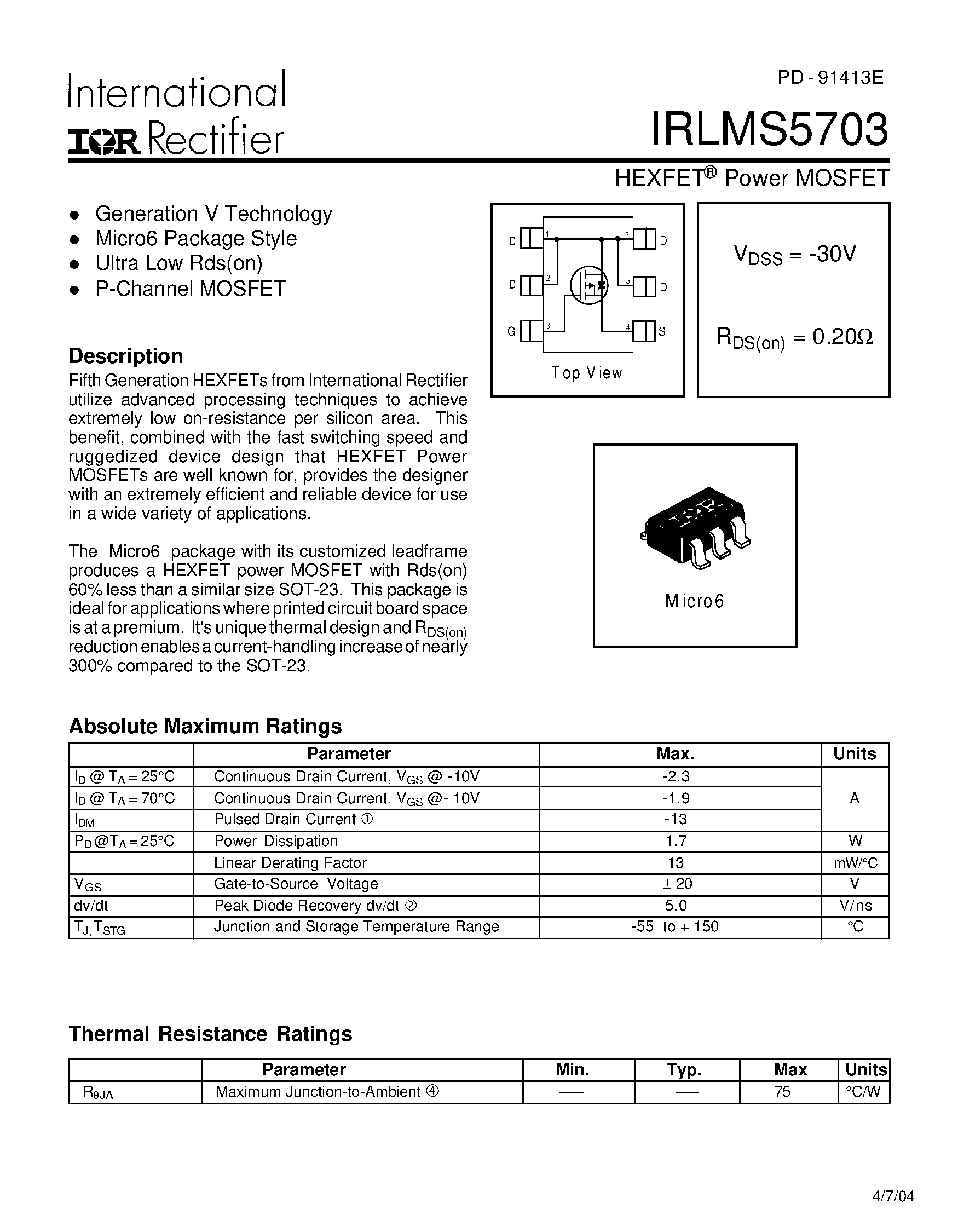 Даташит IRLMS5703 - HEXFET Power MOSFET страница 1