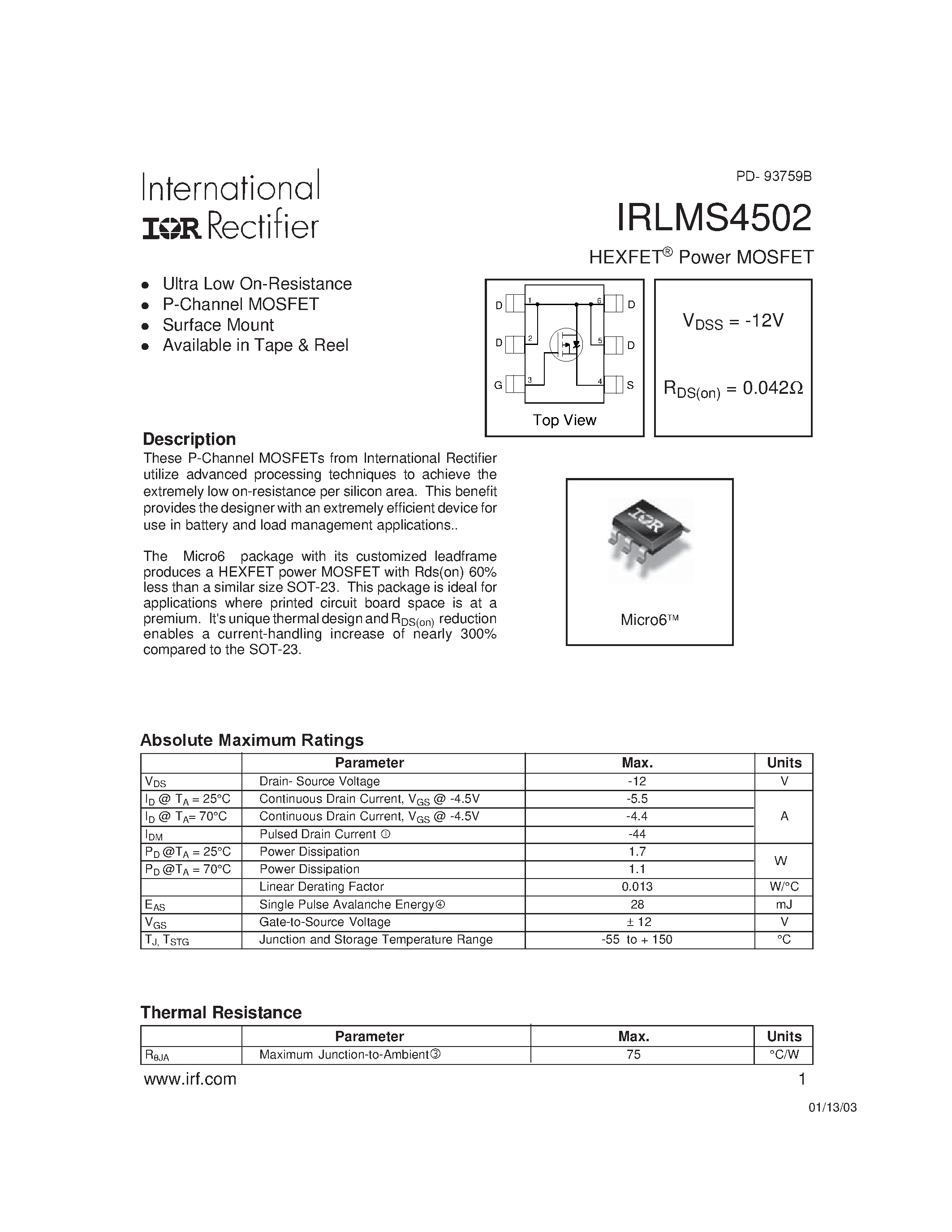 Даташит IRLMS4502 - HEXFET Power MOSFET страница 1