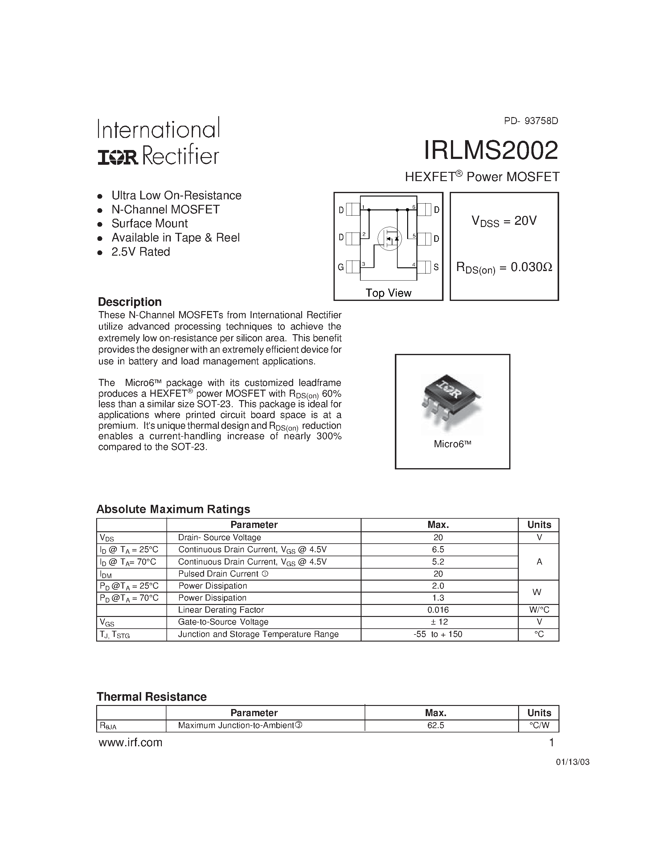 Даташит IRLMS2002 - HEXFET Power MOSFET страница 1