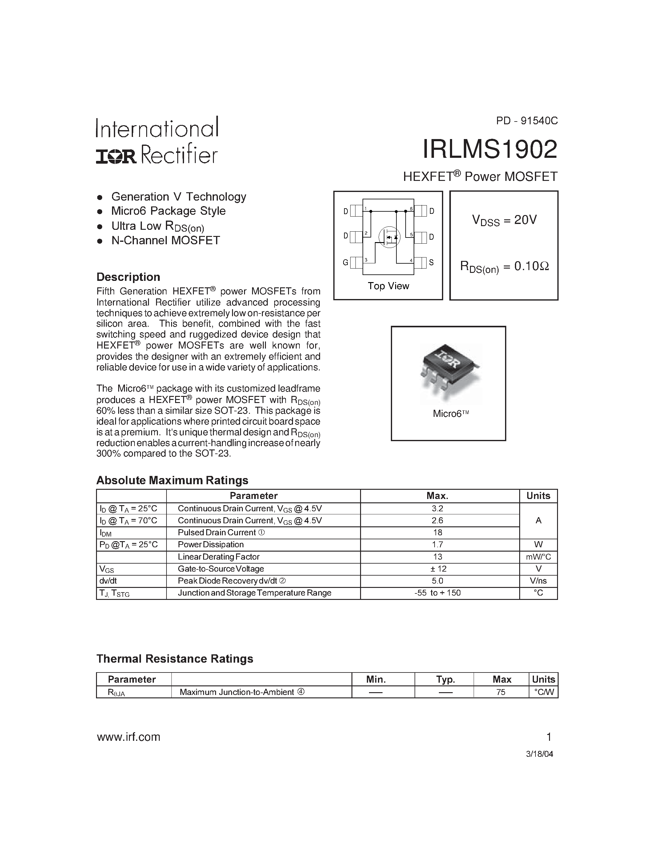 Даташит IRLMS1902 - HEXFET Power MOSFET страница 1