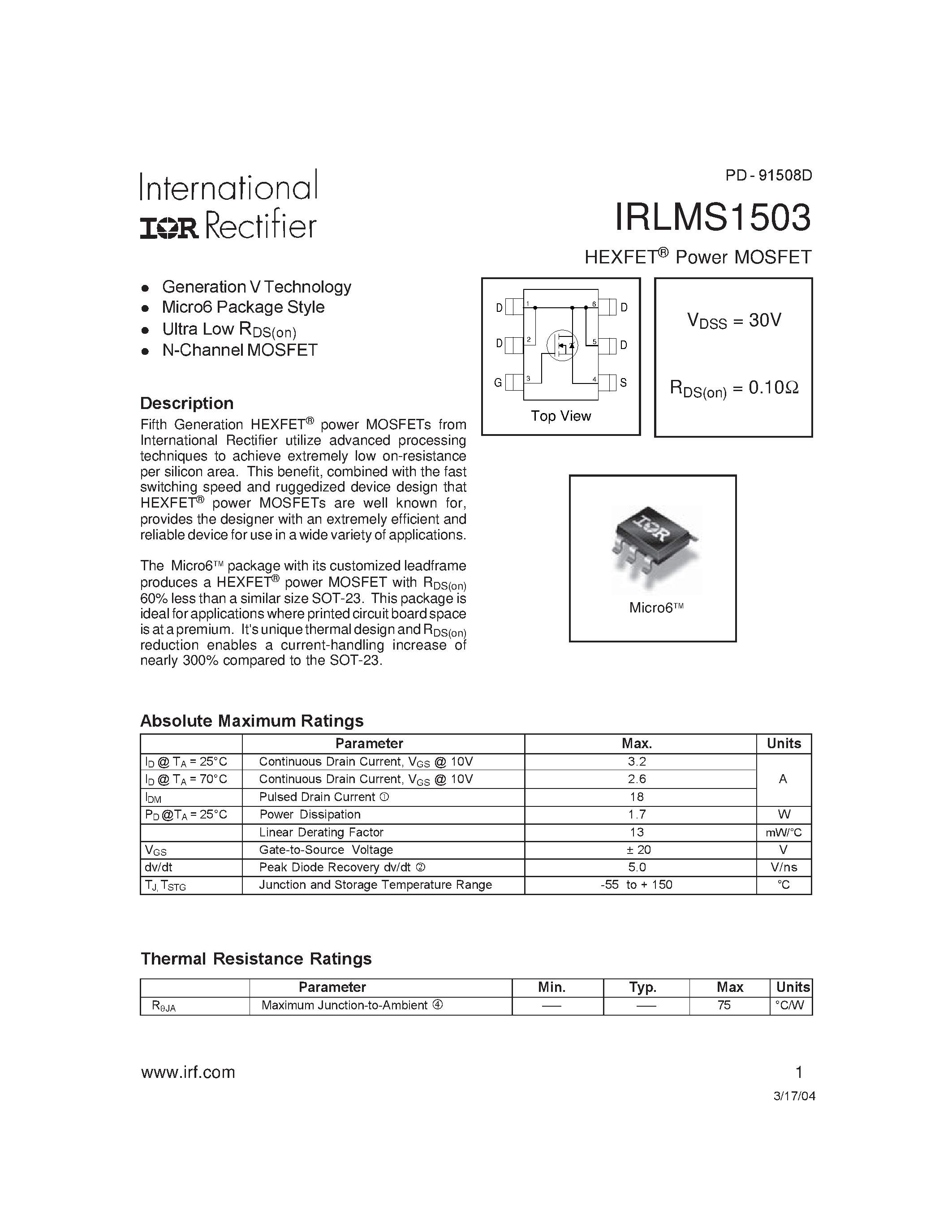 Даташит IRLMS1503 - HEXFET Power MOSFET страница 1