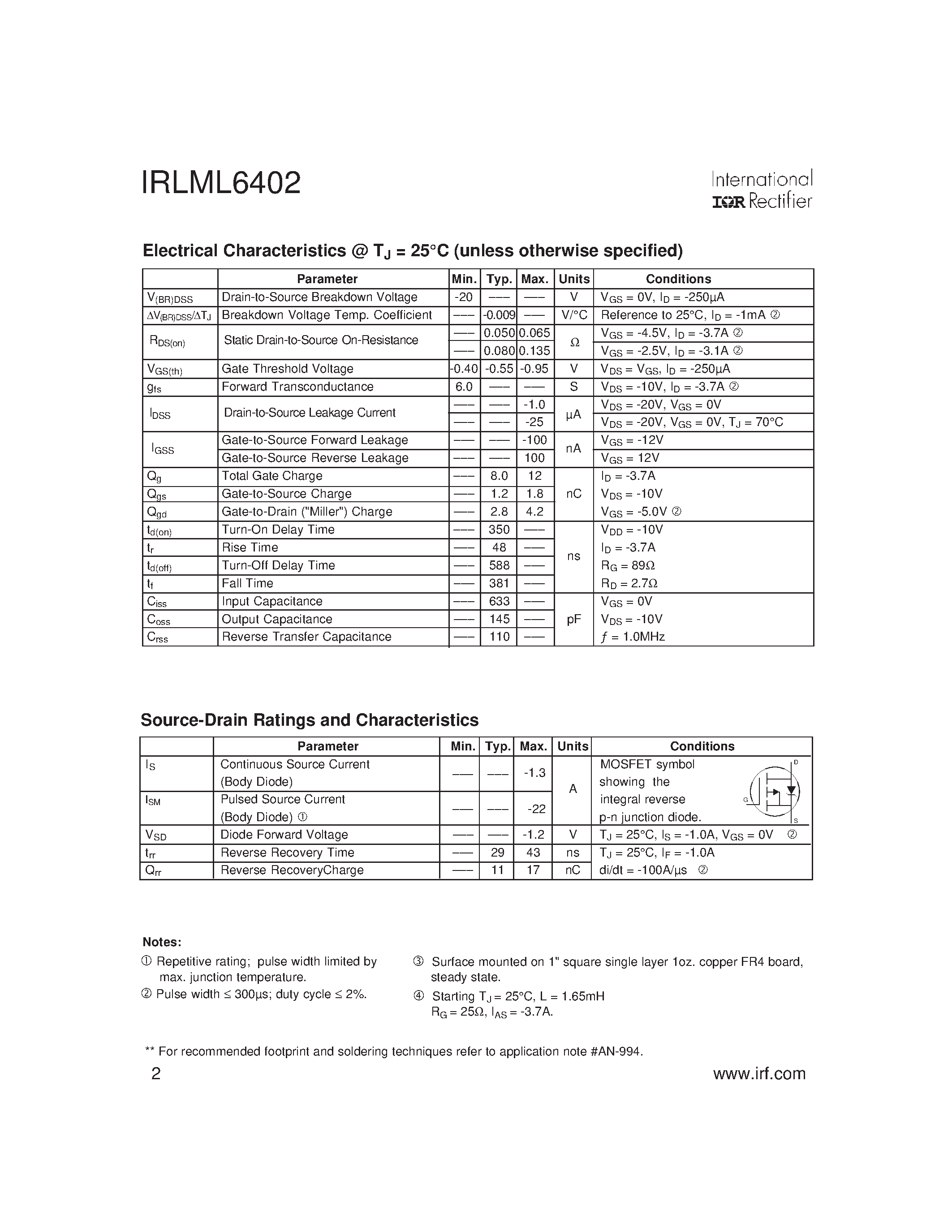 Даташит IRLML6402 - HEXFET Power MOSFET страница 2