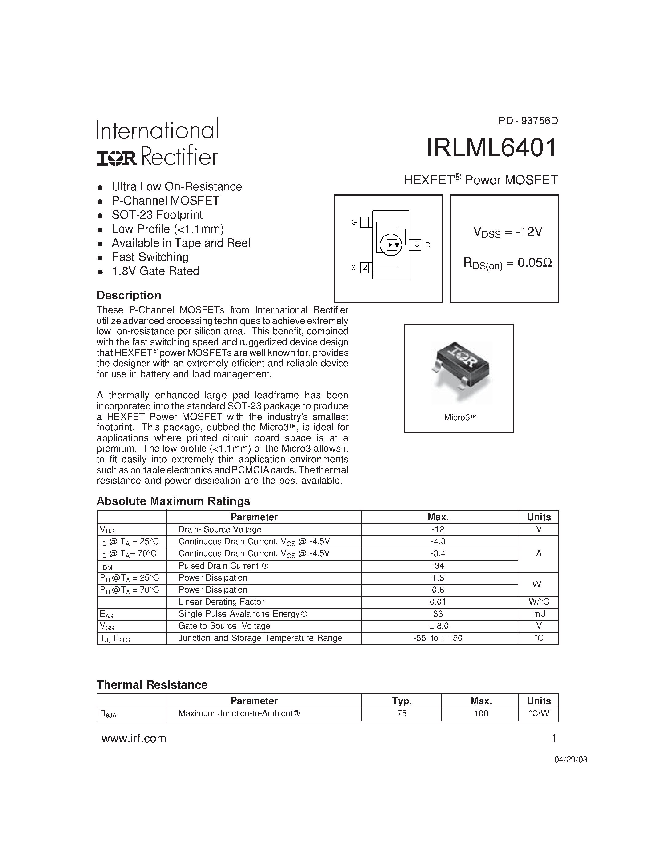 Даташит IRLML6401 - HEXFET Power MOSFET страница 1