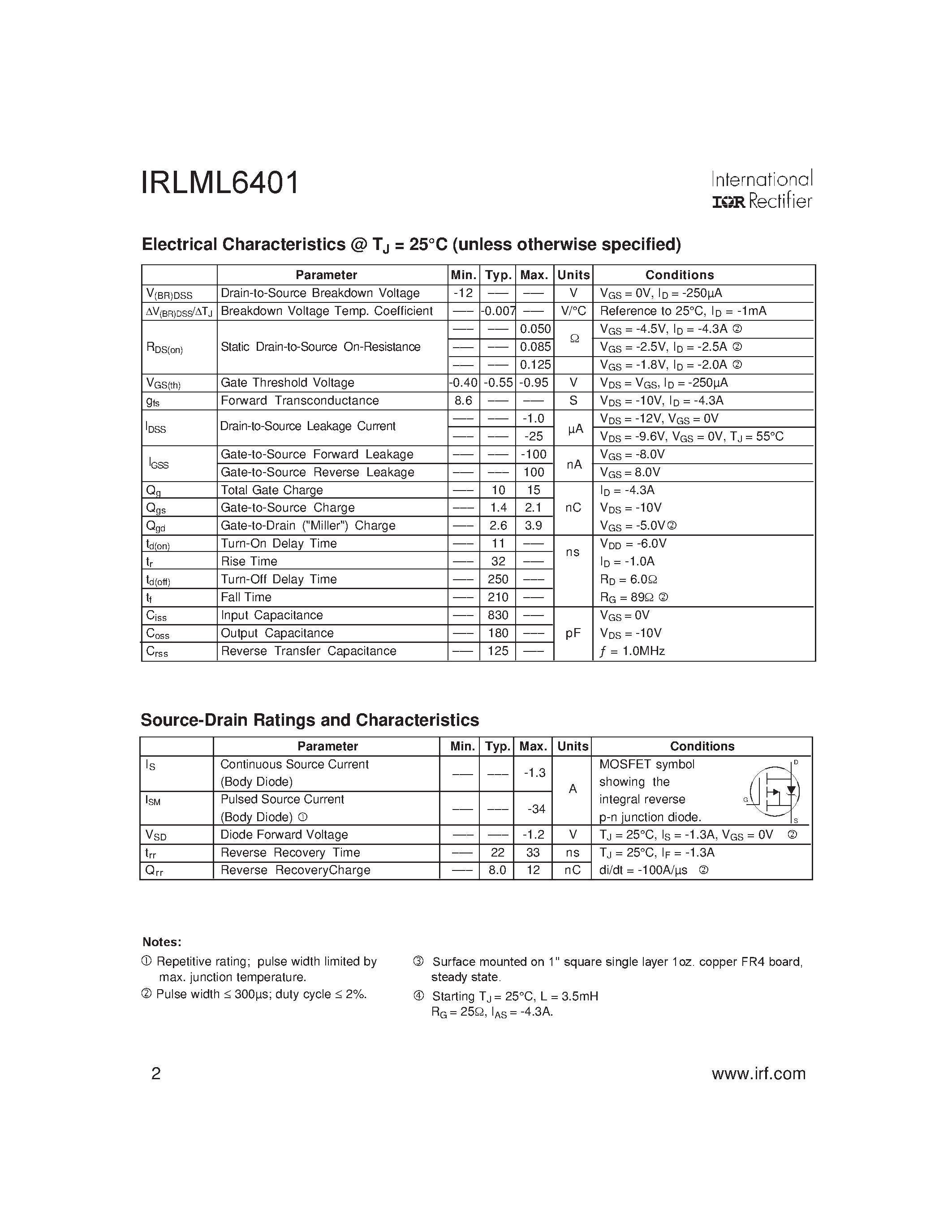 Даташит IRLML6401 - HEXFET Power MOSFET страница 2