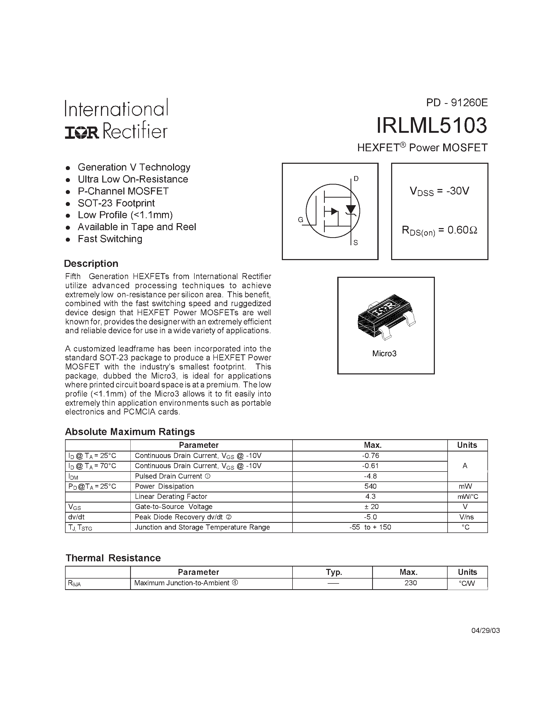 Даташит IRLML5103 - HEXFET Power MOSFET страница 1