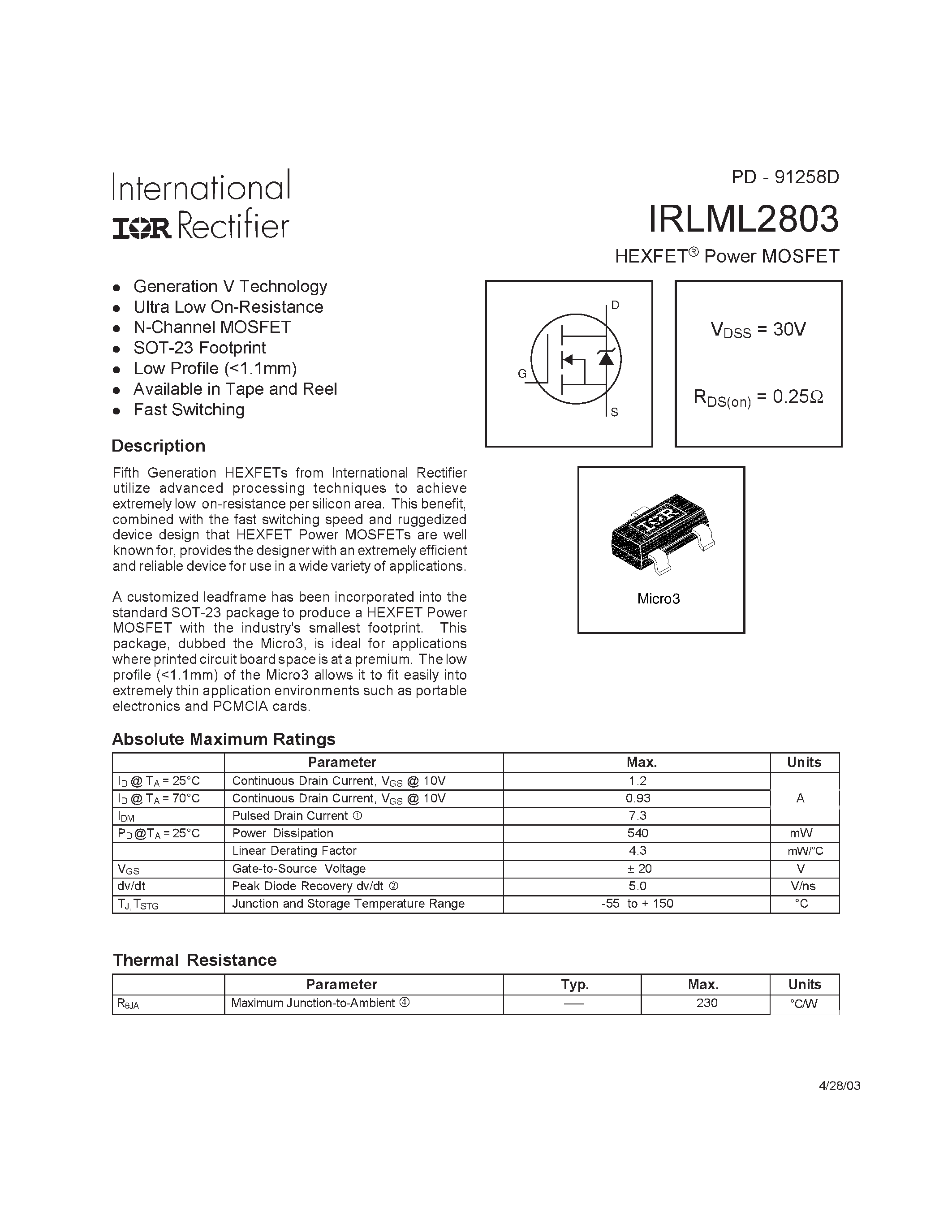 Даташит IRLML2803 - HEXFET Power MOSFET страница 1