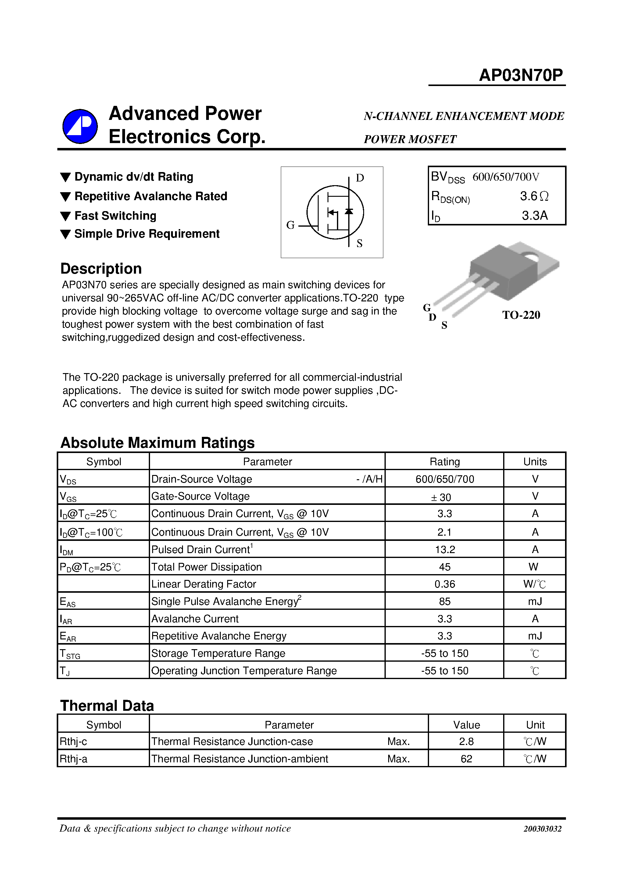 Datasheet AP03N70P - N-CHANNEL ENHANCEMENT MODE POWER MOSFET page 1