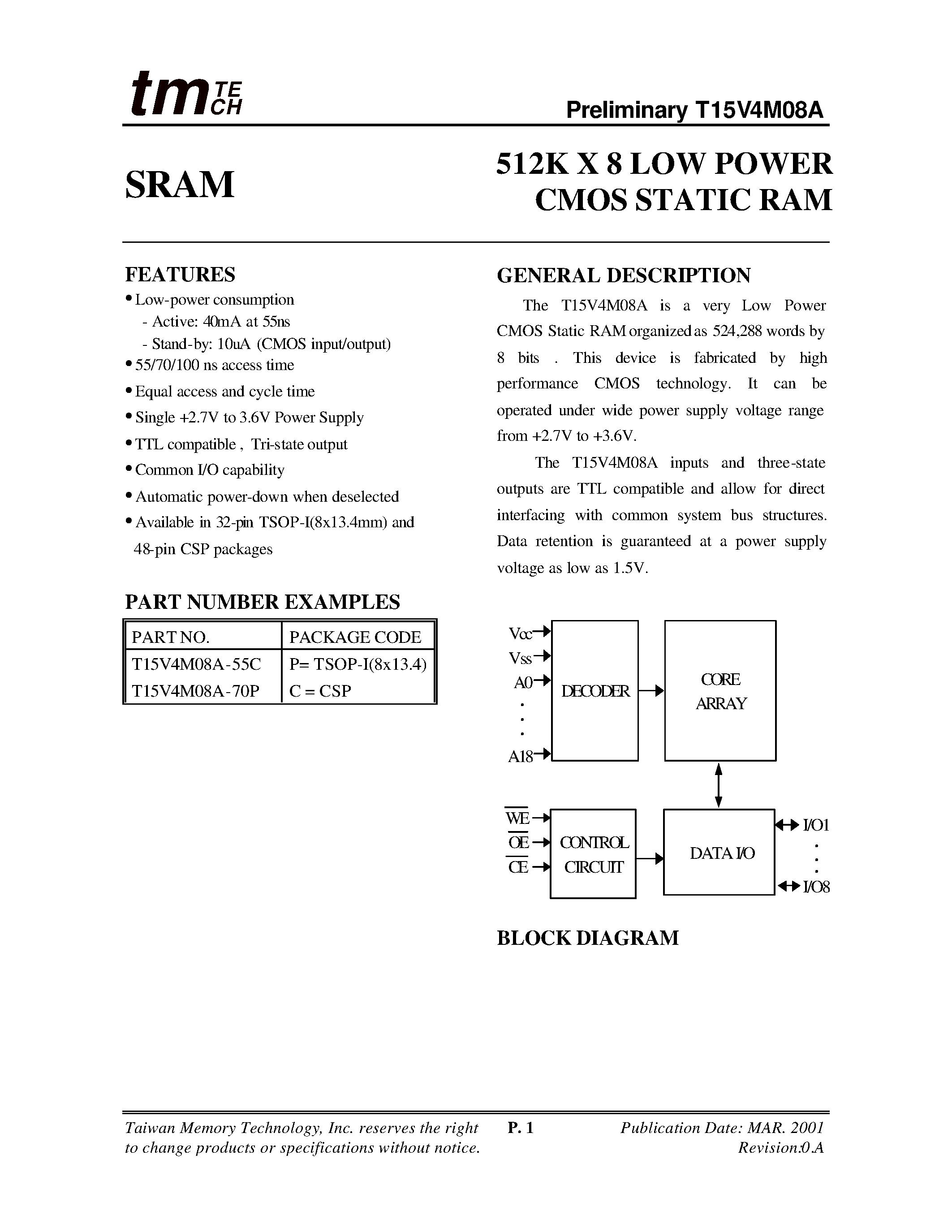 Даташит T15V4M08A - 512K X 8 LOW POWER CMOS STATIC RAM страница 1