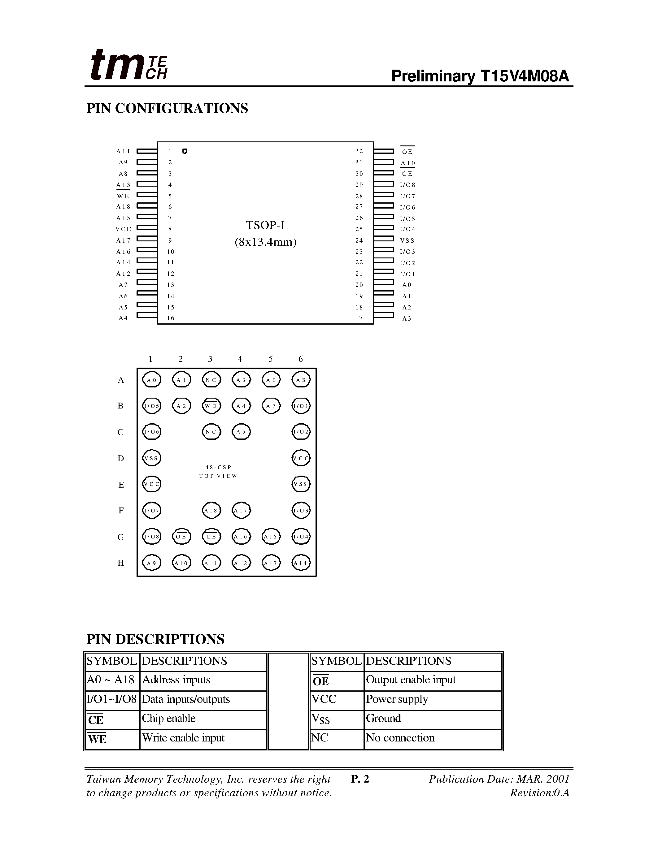 Даташит T15V4M08A - 512K X 8 LOW POWER CMOS STATIC RAM страница 2