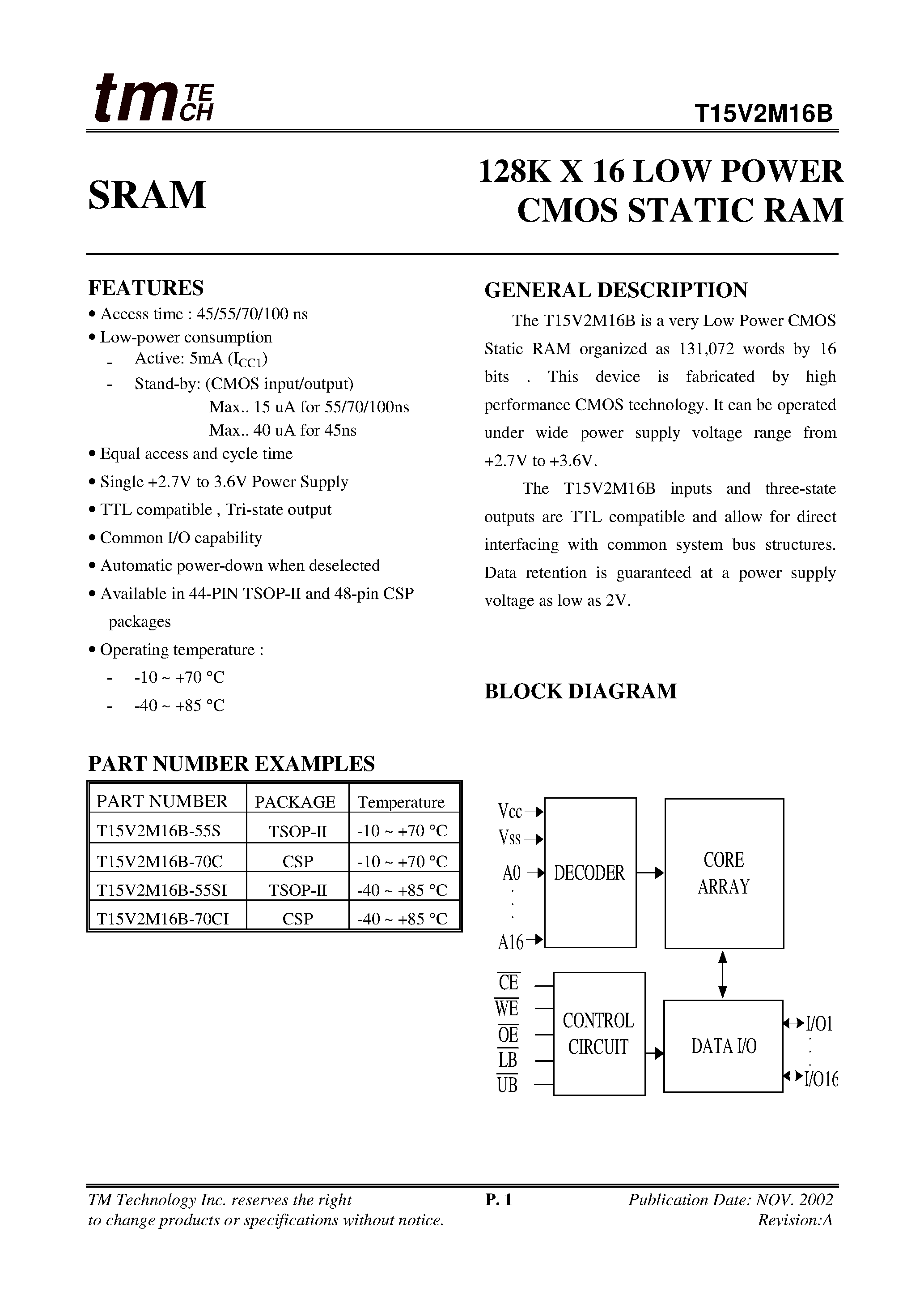 Даташит T15V2M16B - 128K X 16 LOW POWER CMOS STATIC RAM страница 1