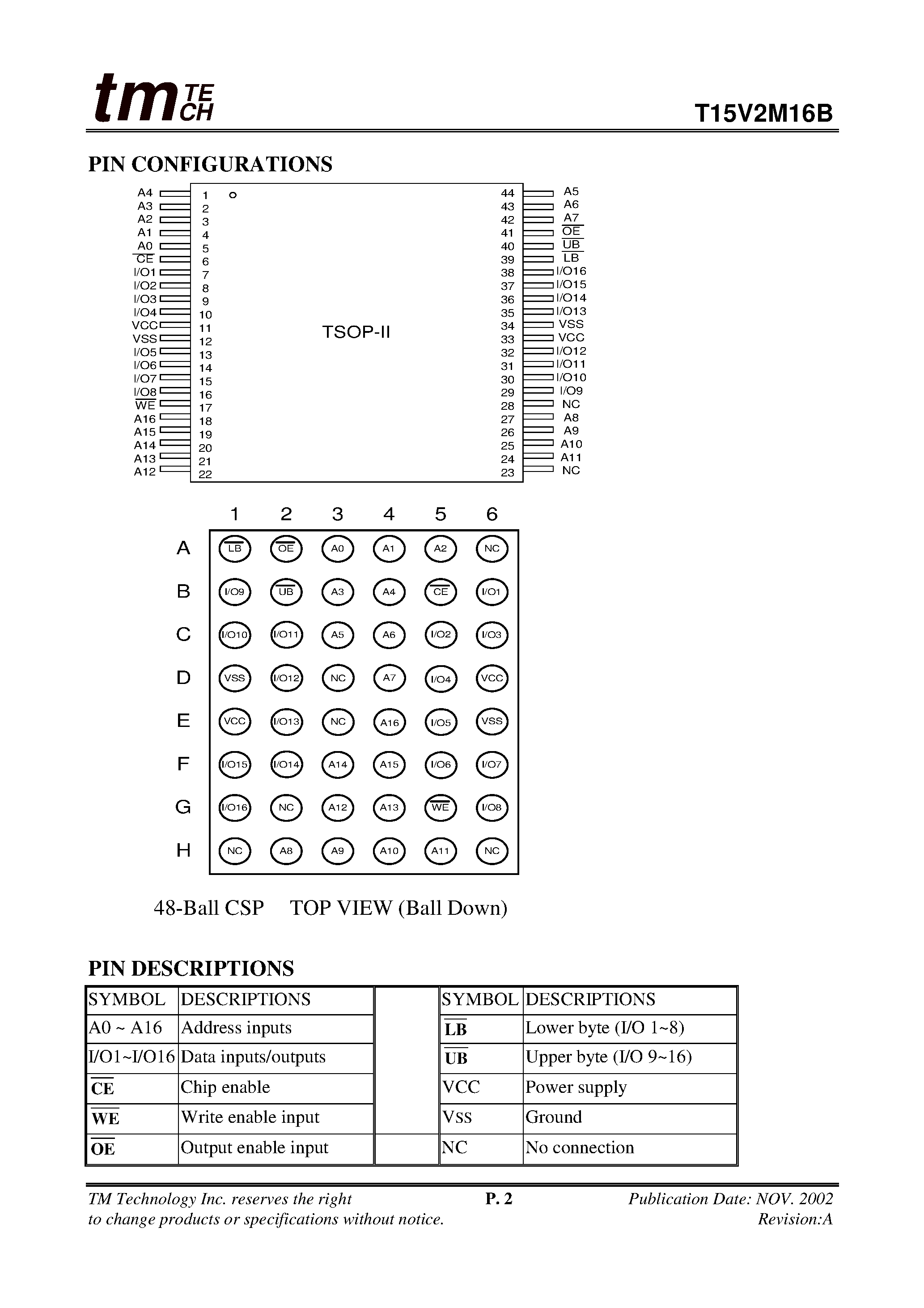 Даташит T15V2M16B - 128K X 16 LOW POWER CMOS STATIC RAM страница 2