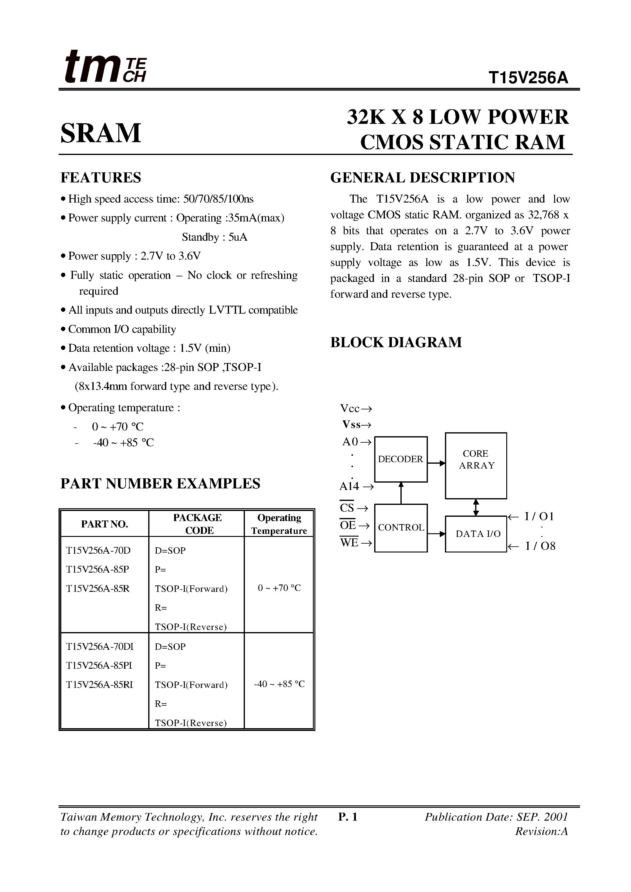 Даташит T15V256A - 32K X 8 LOW POWER CMOS STATIC RAM страница 1