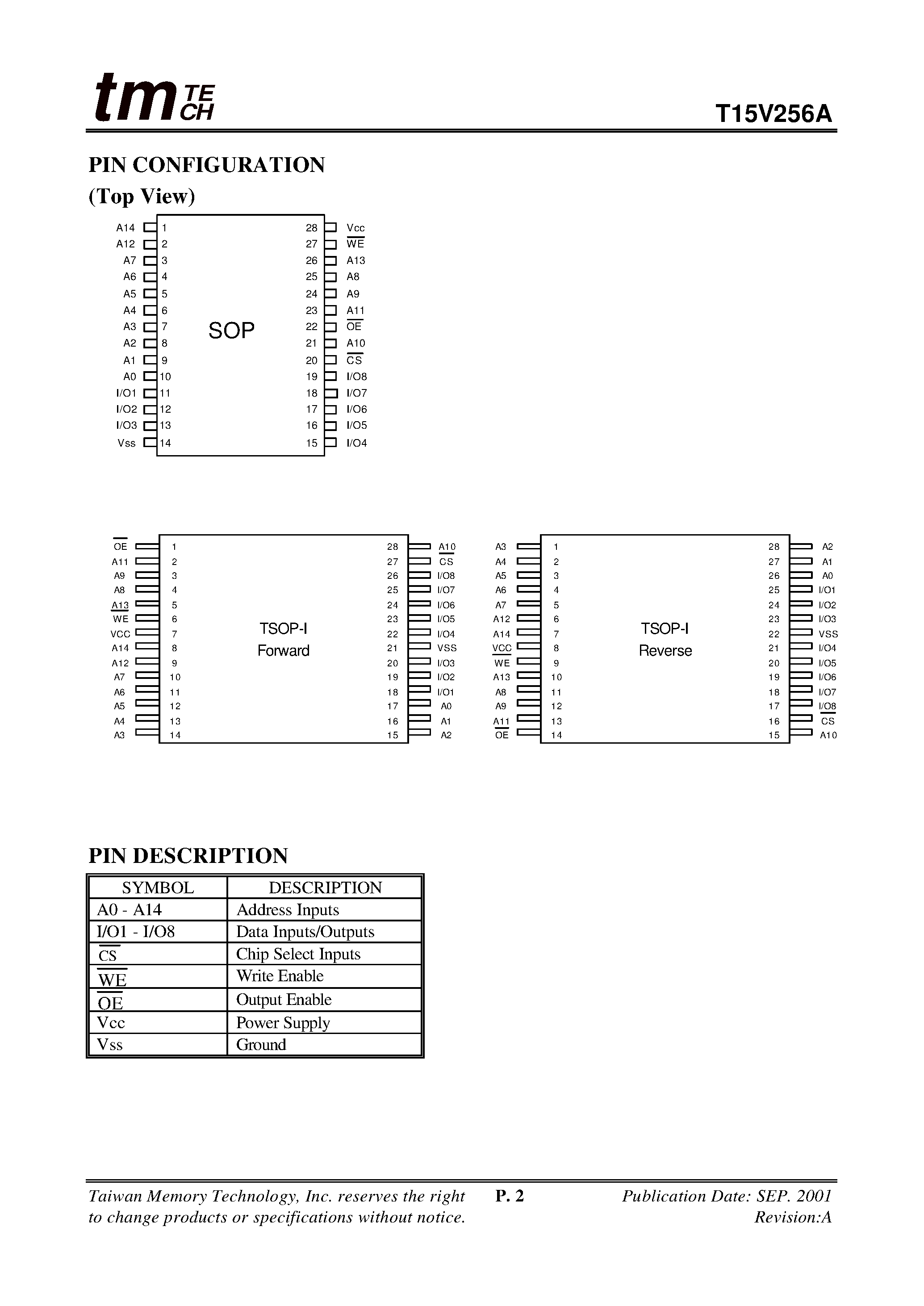 Даташит T15V256A - 32K X 8 LOW POWER CMOS STATIC RAM страница 2
