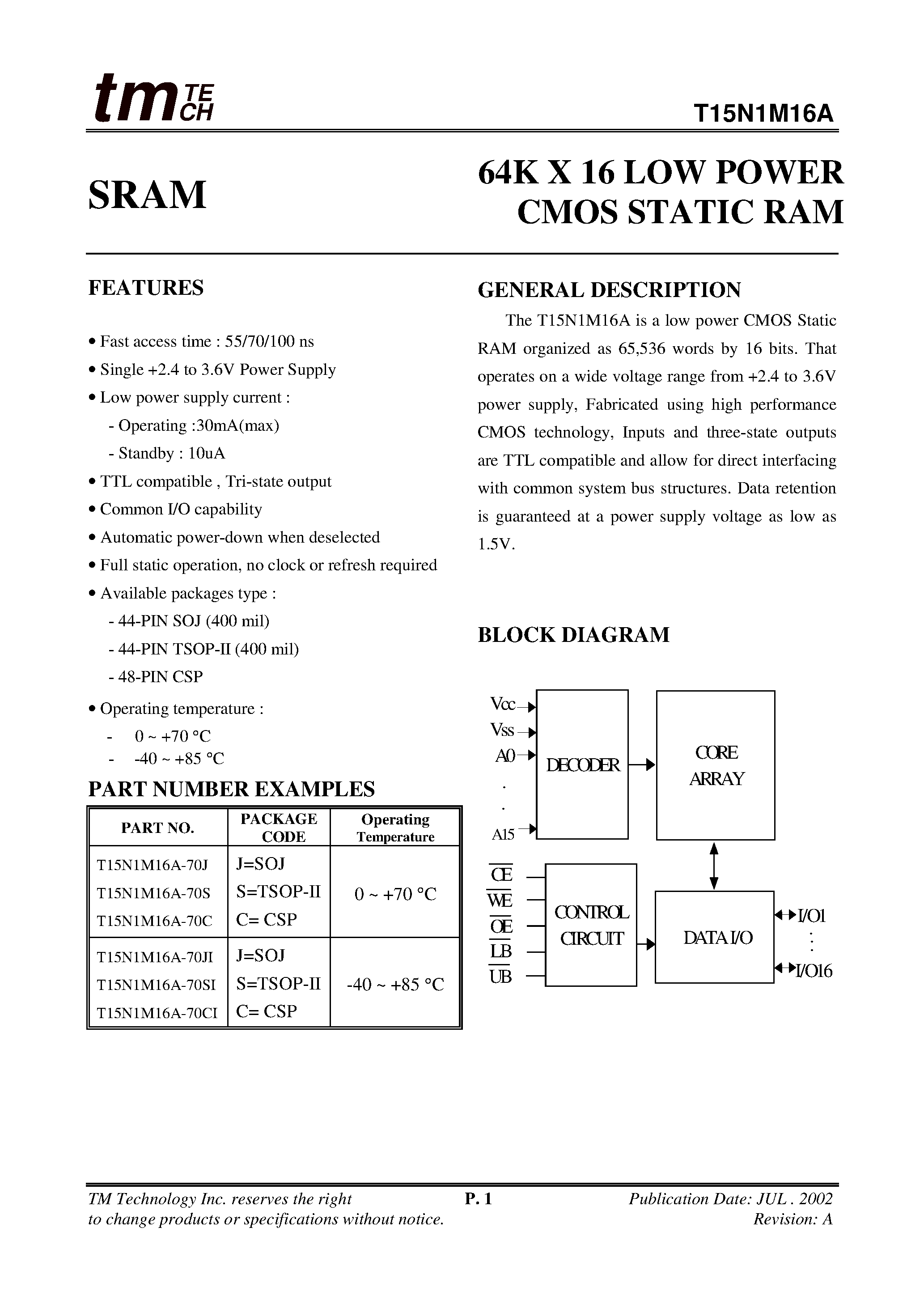 Даташит T15N1M16A - 64K X 16 LOW POWER CMOS STATIC RAM страница 1