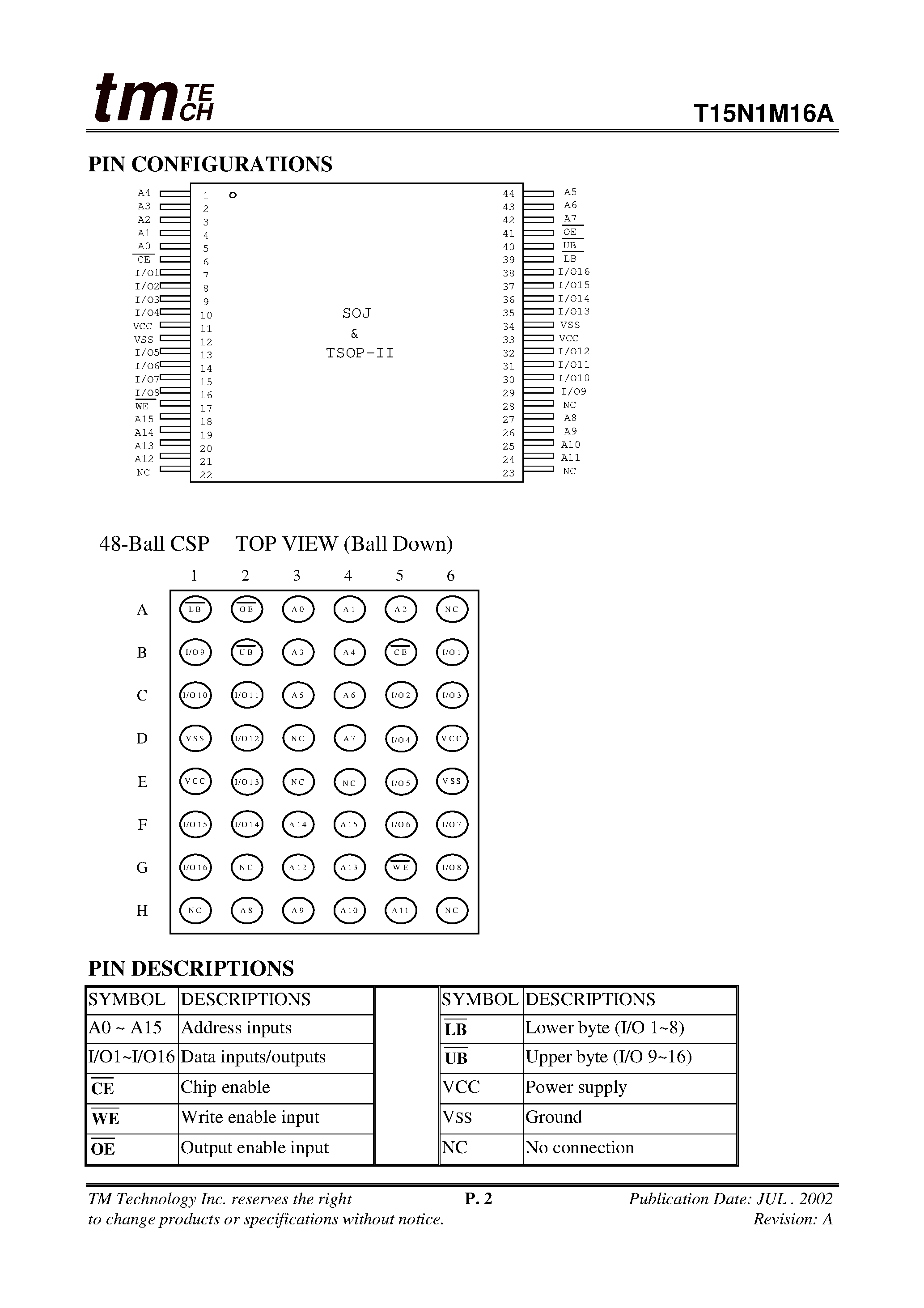 Даташит T15N1M16A - 64K X 16 LOW POWER CMOS STATIC RAM страница 2