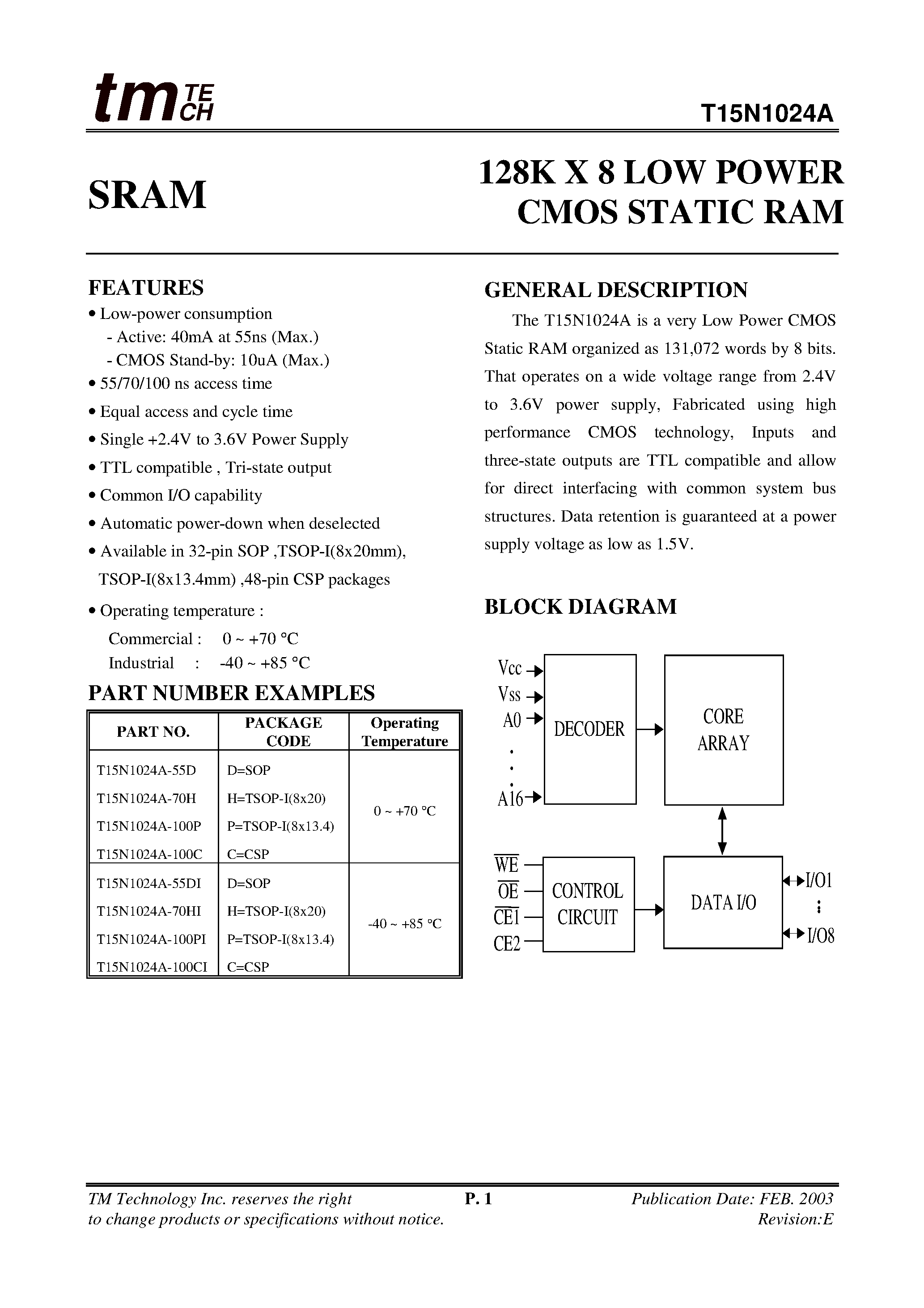 Даташит T15N1024A - 128K X 8 LOW POWER CMOS STATIC RAM страница 1