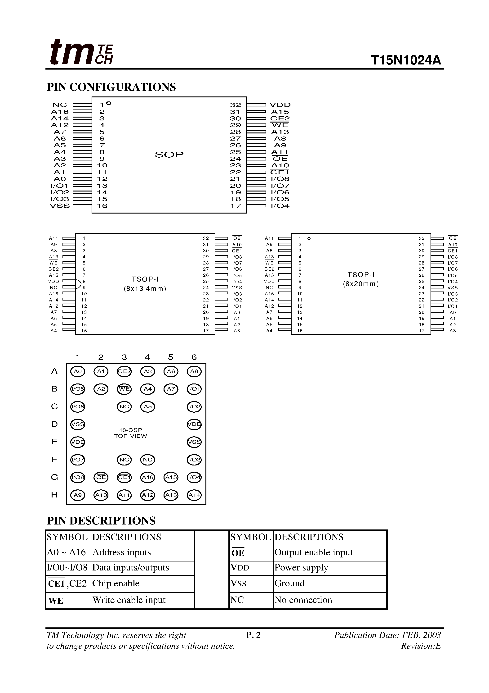 Даташит T15N1024A - 128K X 8 LOW POWER CMOS STATIC RAM страница 2