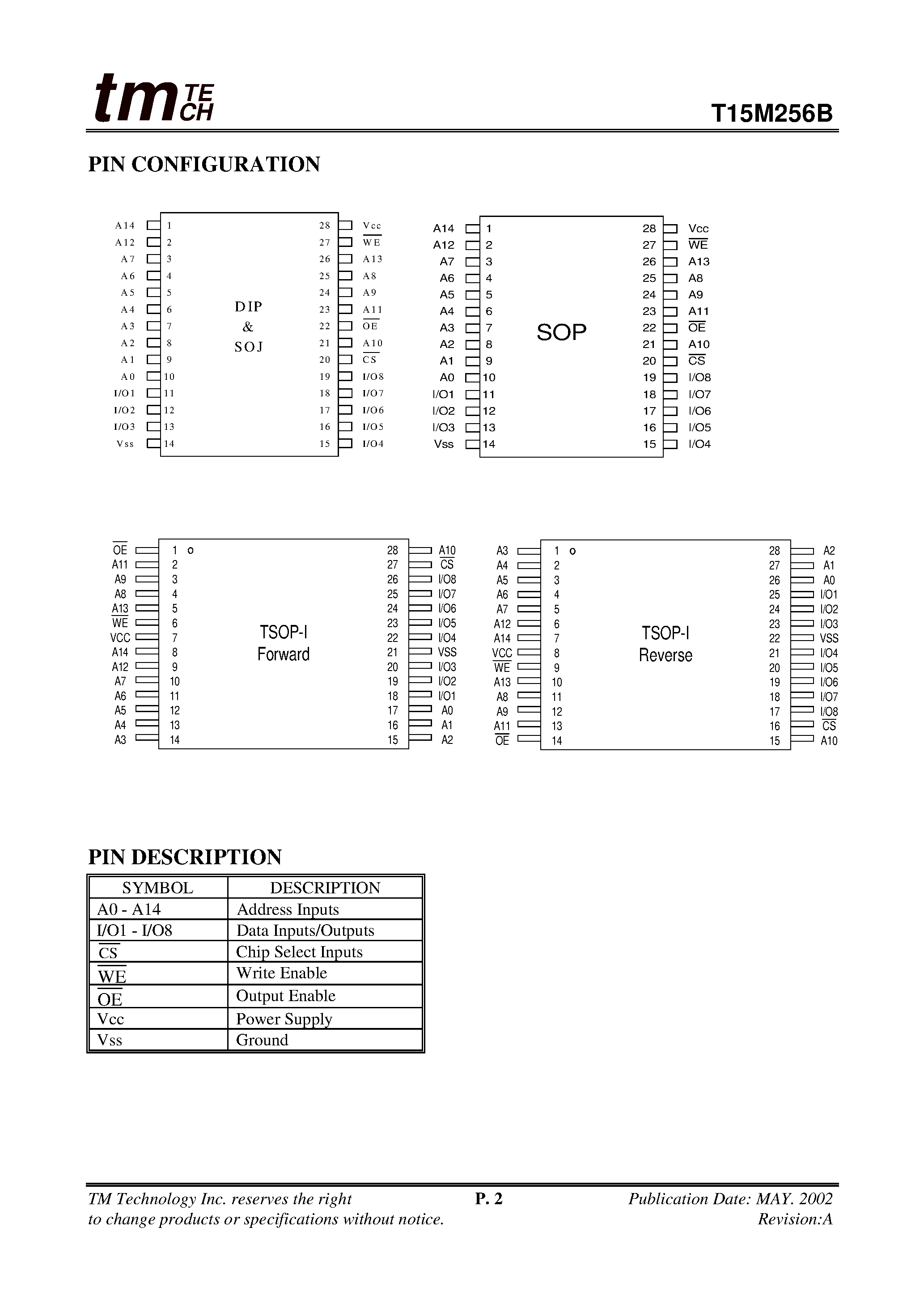 Даташит T15M256B - 32K X 8 LOW POWER CMOS STATIC RAM страница 2