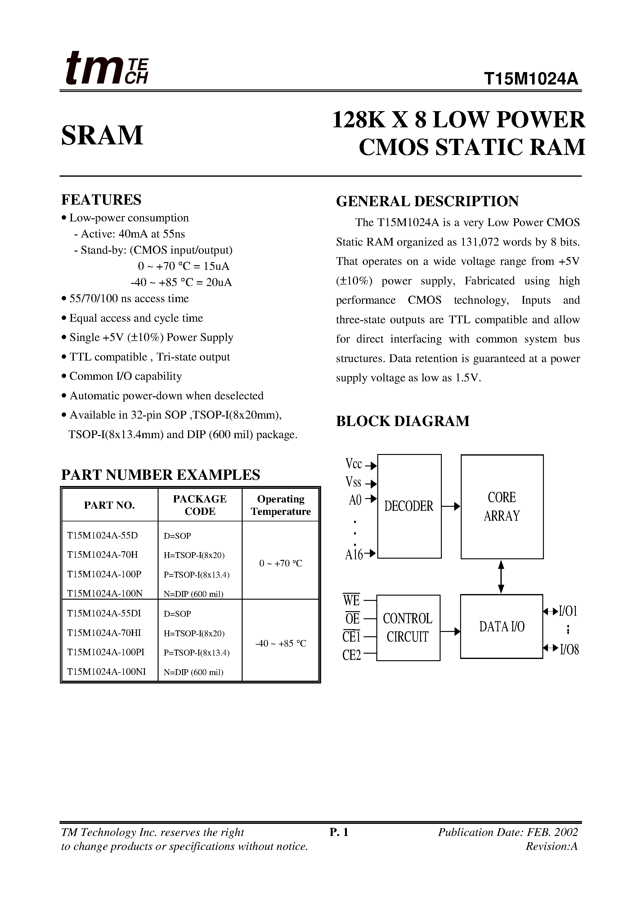 Даташит T15M1024A - 128K X 8 LOW POWER CMOS STATIC RAM страница 1