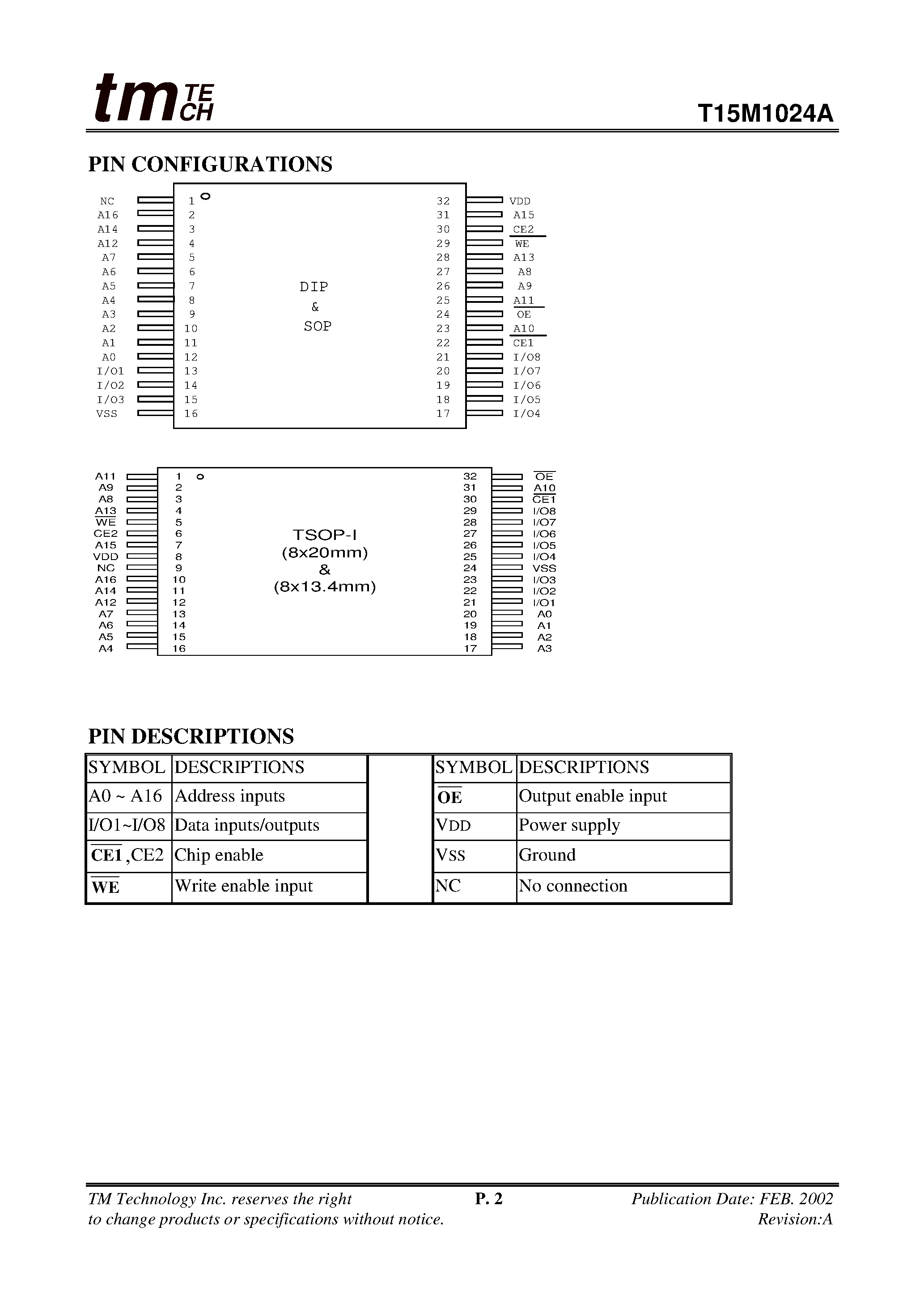 Даташит T15M1024A - 128K X 8 LOW POWER CMOS STATIC RAM страница 2