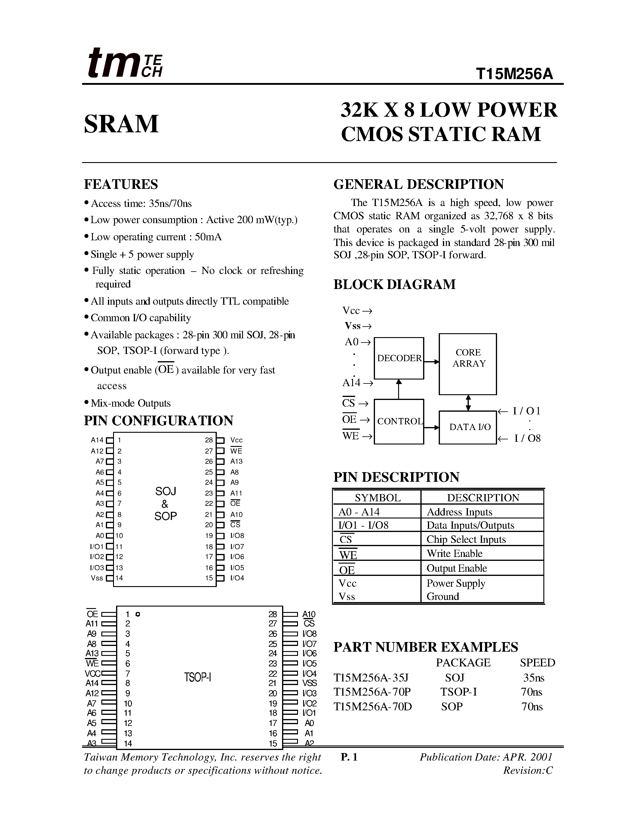 Даташит T15M256A - 32K X 8 LOW POWER CMOS STATIC RAM страница 1