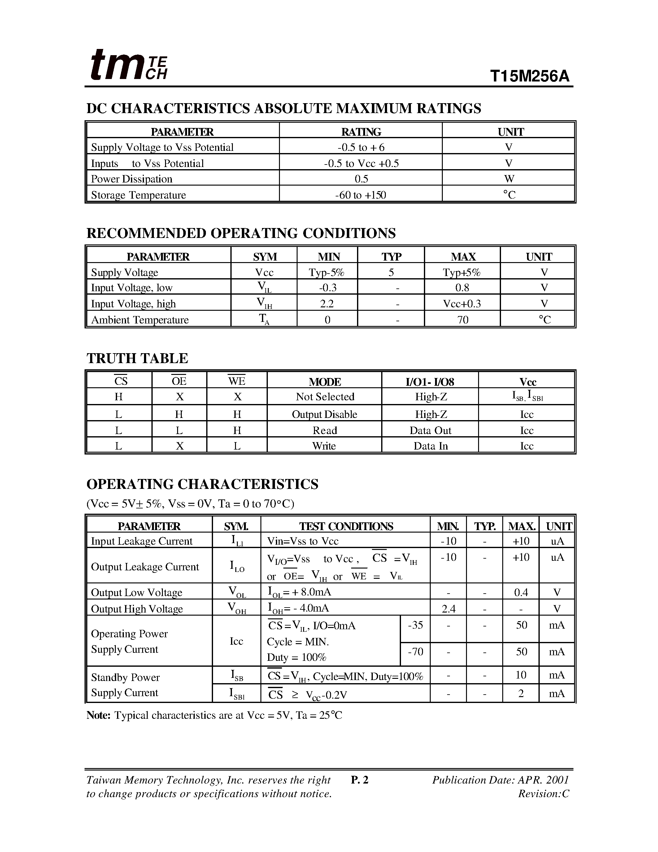 Даташит T15M256A - 32K X 8 LOW POWER CMOS STATIC RAM страница 2
