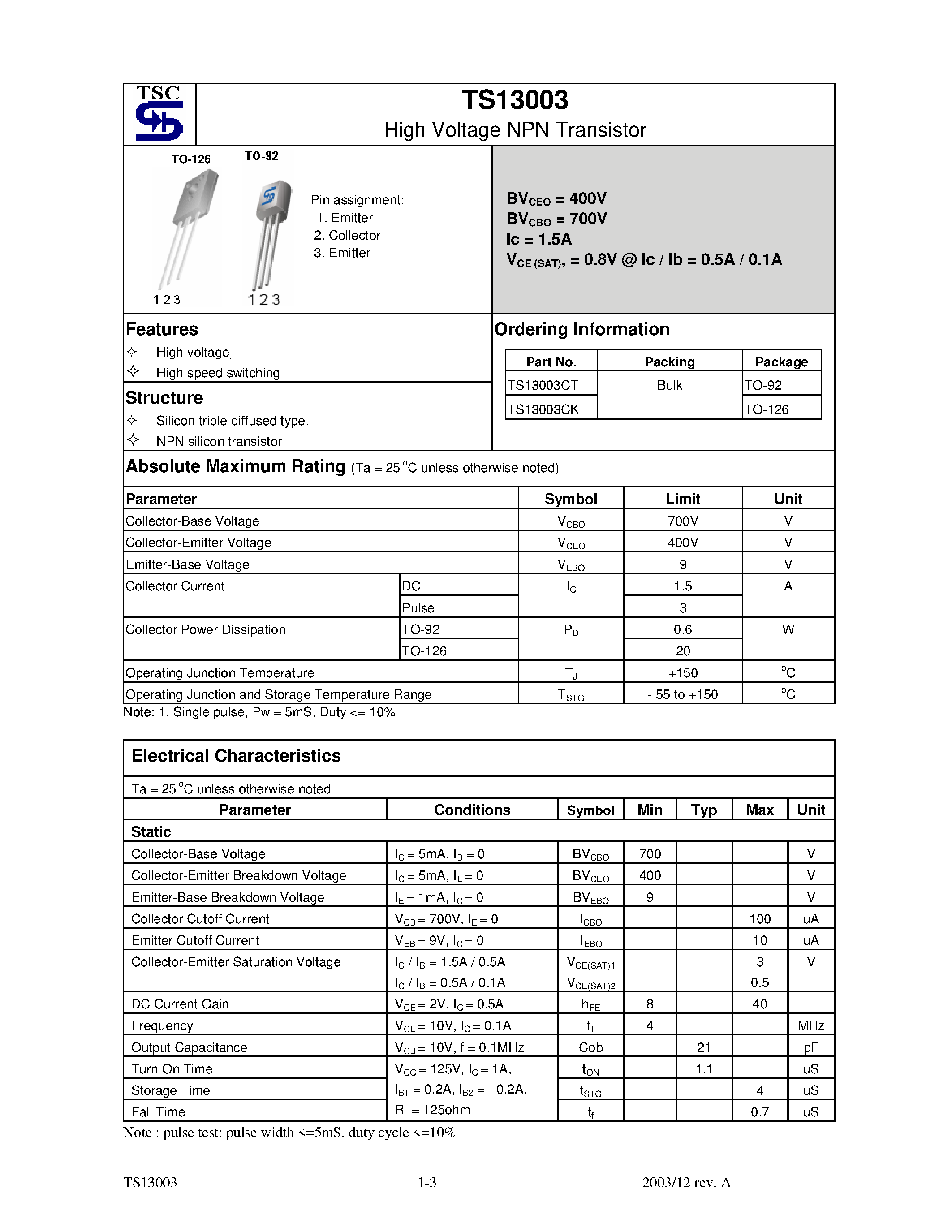 Даташит TS13003 - High Voltage NPN Transistor страница 1
