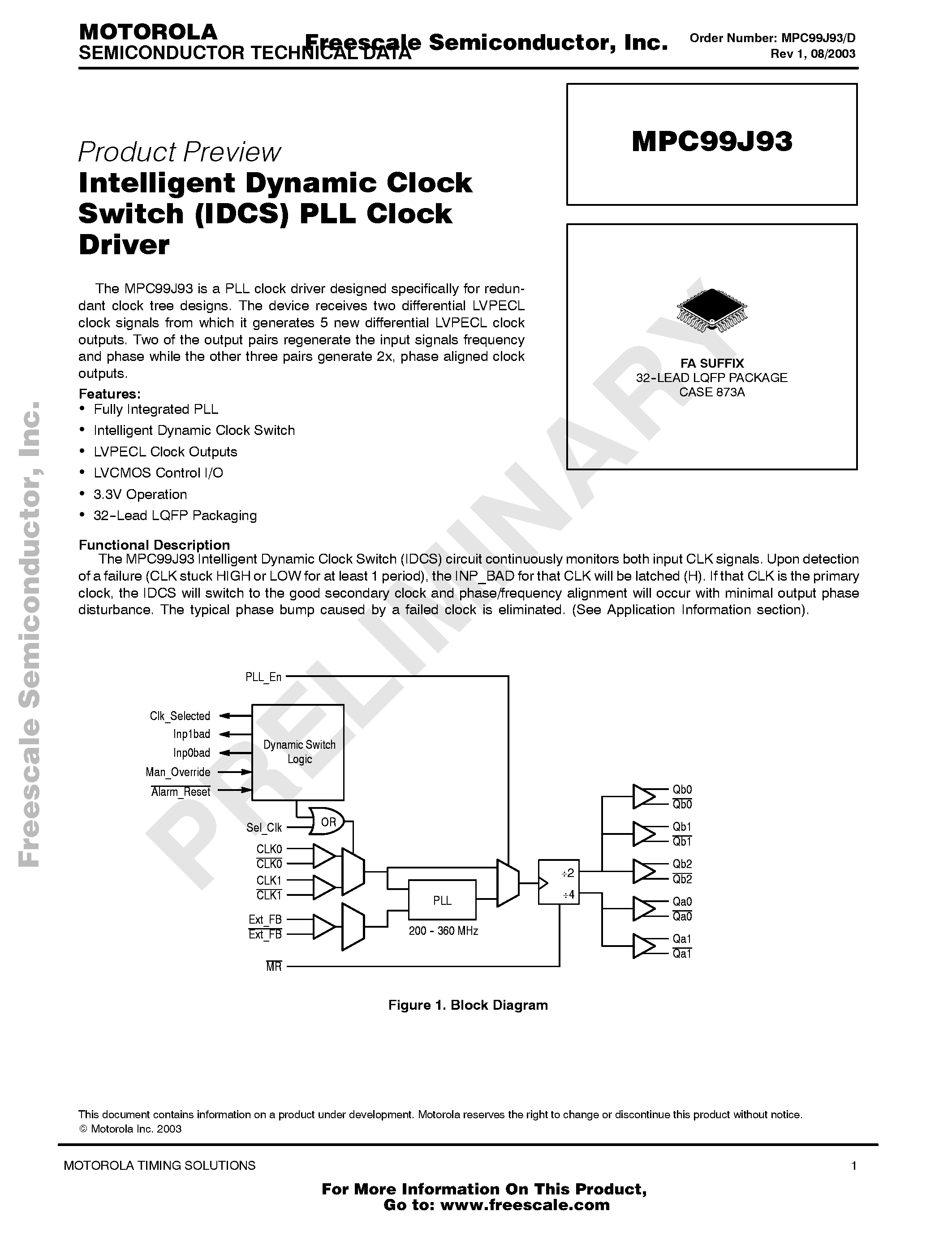 Datasheet MPC99J93 - Intelligent Dynamic Clock Switch (IDCS) PLL Clock Driver page 1