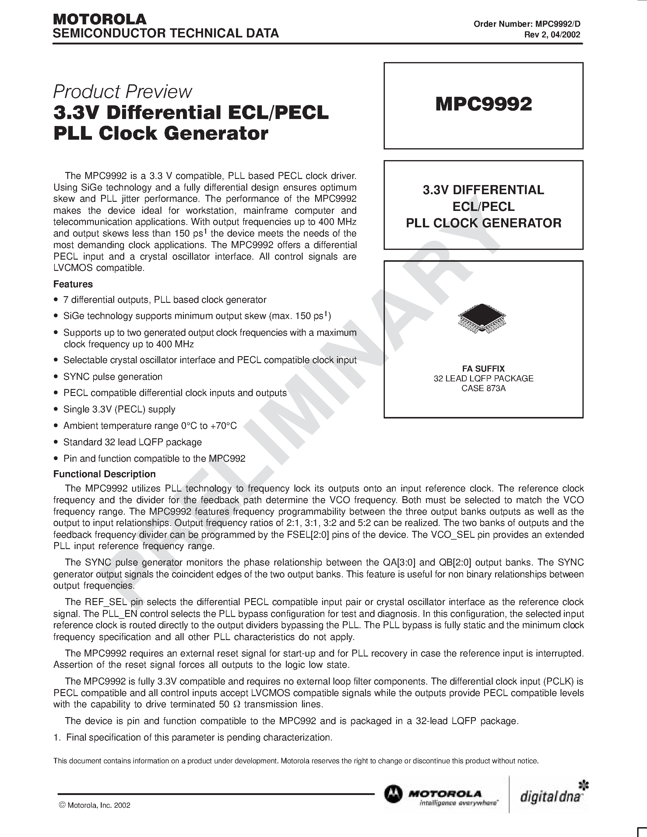 Datasheet MPC9992 - 3.3 DIFFRERENTIAL ECL/PECL PLL CLOCK GENERATOR page 1