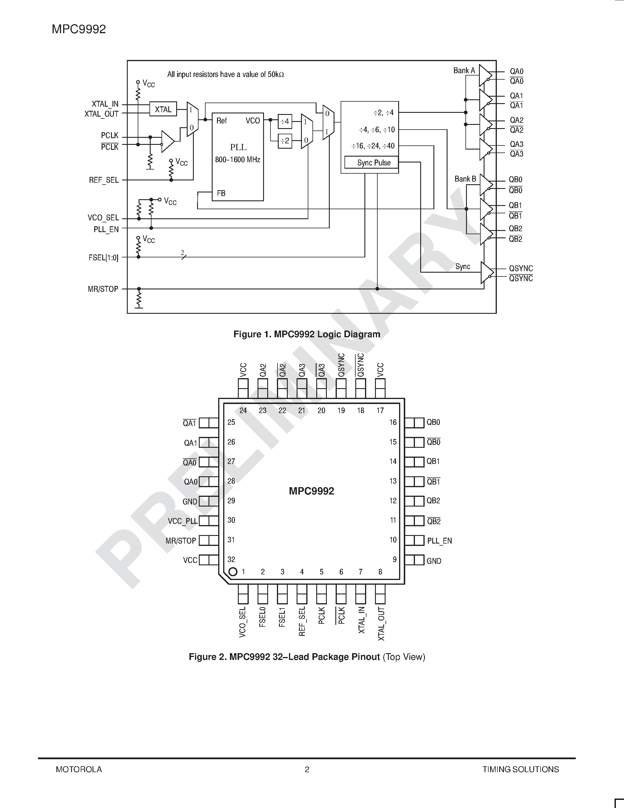 Datasheet MPC9992 - 3.3 DIFFRERENTIAL ECL/PECL PLL CLOCK GENERATOR page 2