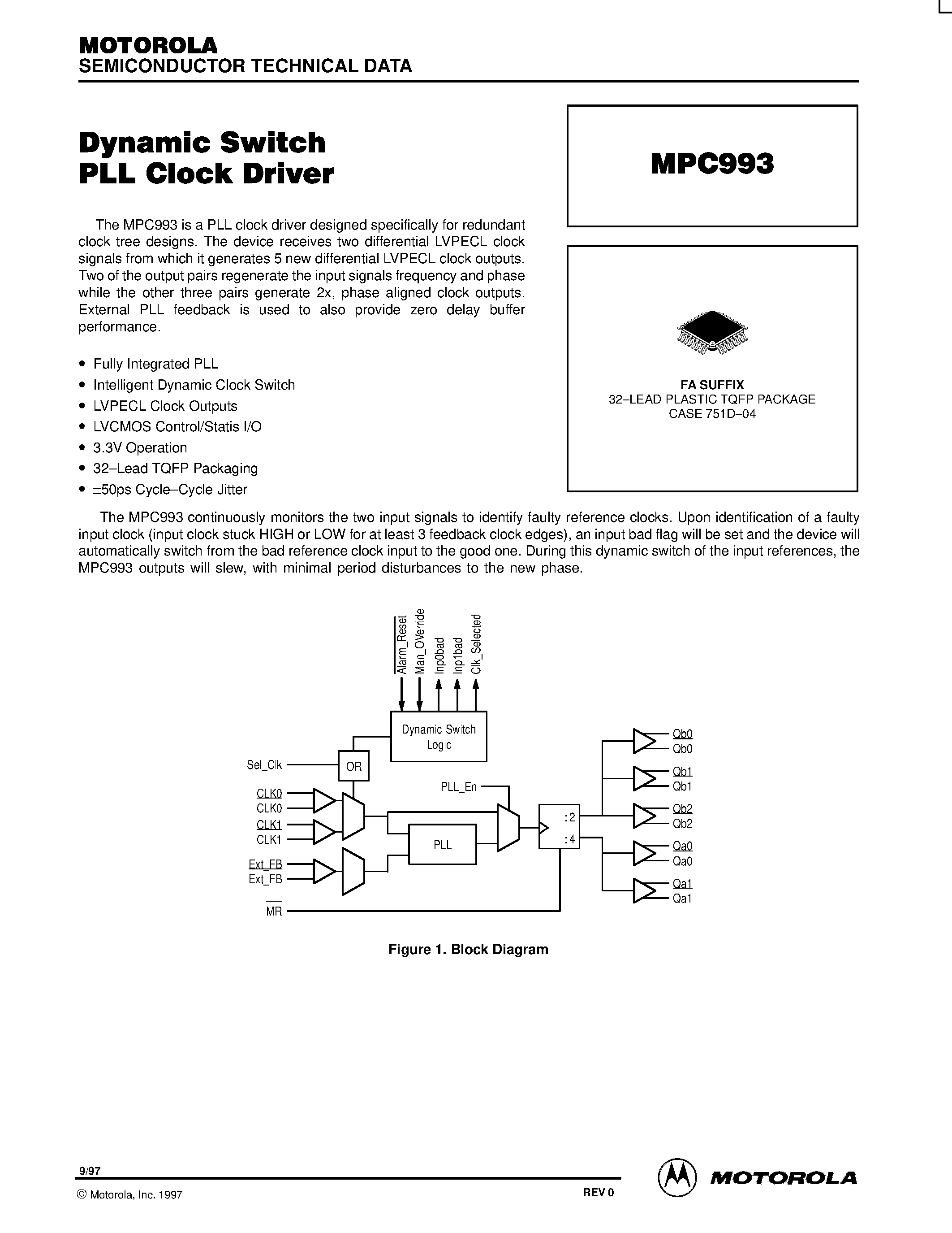 Datasheet MPC993 page 1 Datasheet MPC993 - Dynamic Switch PLL Clock Driver page 1