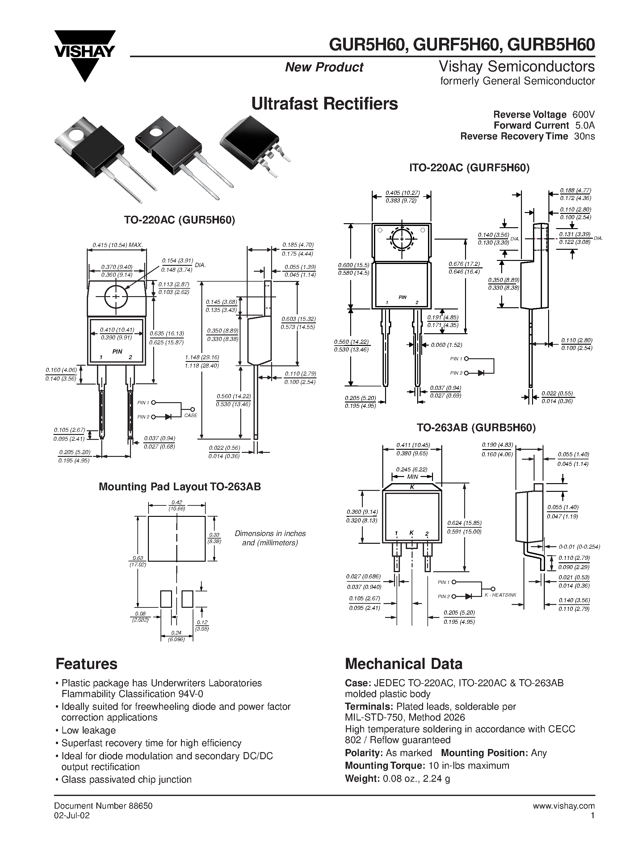 Datasheet GUR5H60 page 1 Datasheet GUR5H60 - (GUR5H60 / GURF5H60 / GURB5H60) Ultrafast Rectifiers page 1