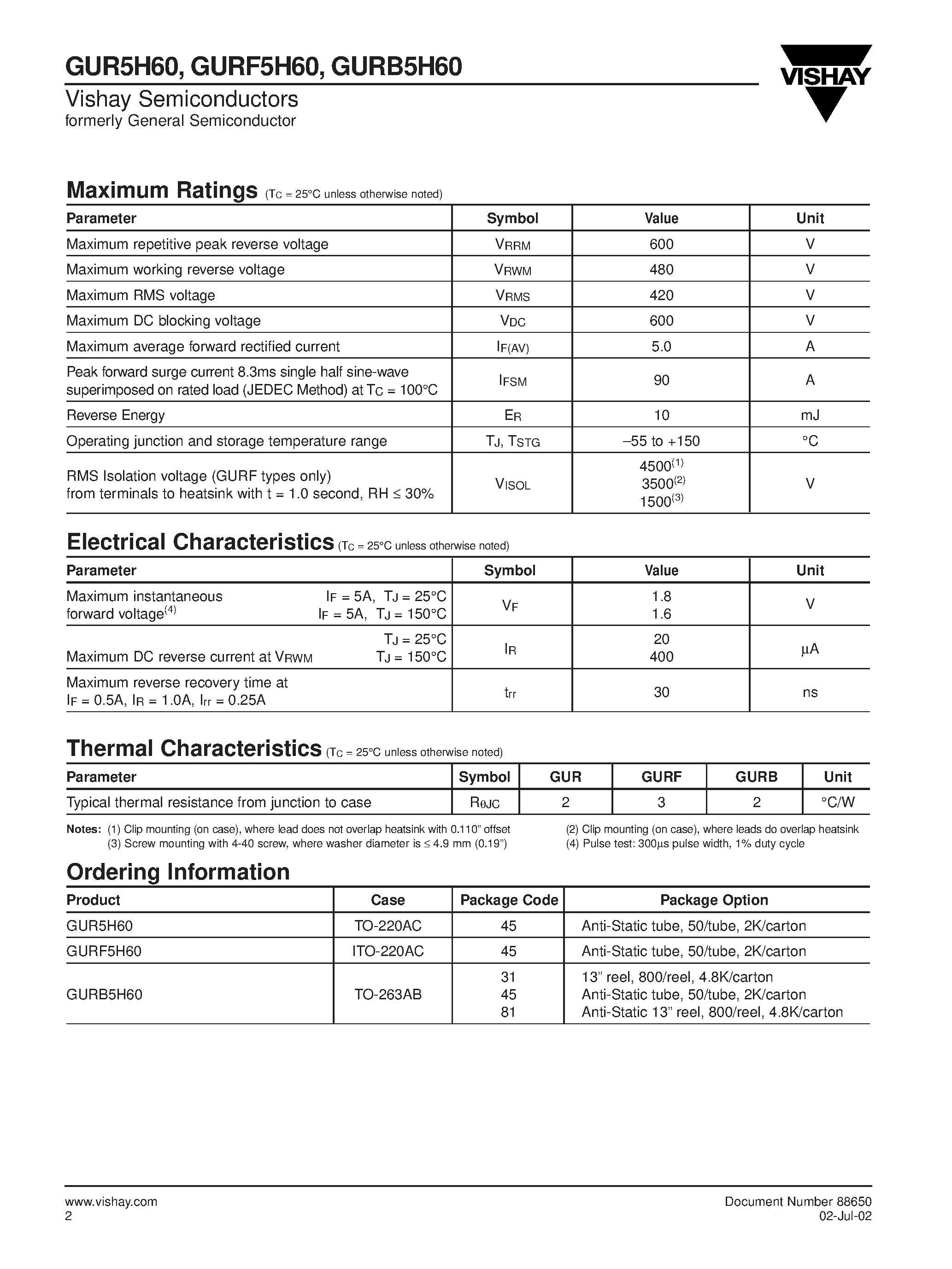 Datasheet GUR5H60 page 2 Datasheet GUR5H60 - (GUR5H60 / GURF5H60 / GURB5H60) Ultrafast Rectifiers page 2